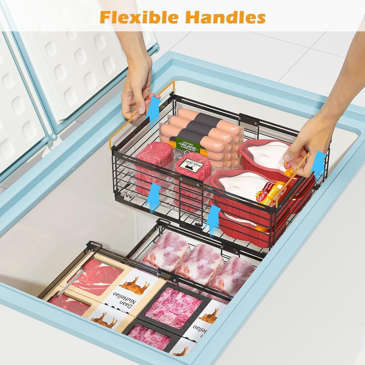 NADAMOO Freezer Organizer Bins, 4 Packs Large Expandable Stackable Chest Freezer Containers with Handle, Metal Adjustable Storage Baskets for Fridge, Deep Freezer, Cabinet, Kitchen, Pantry - Black