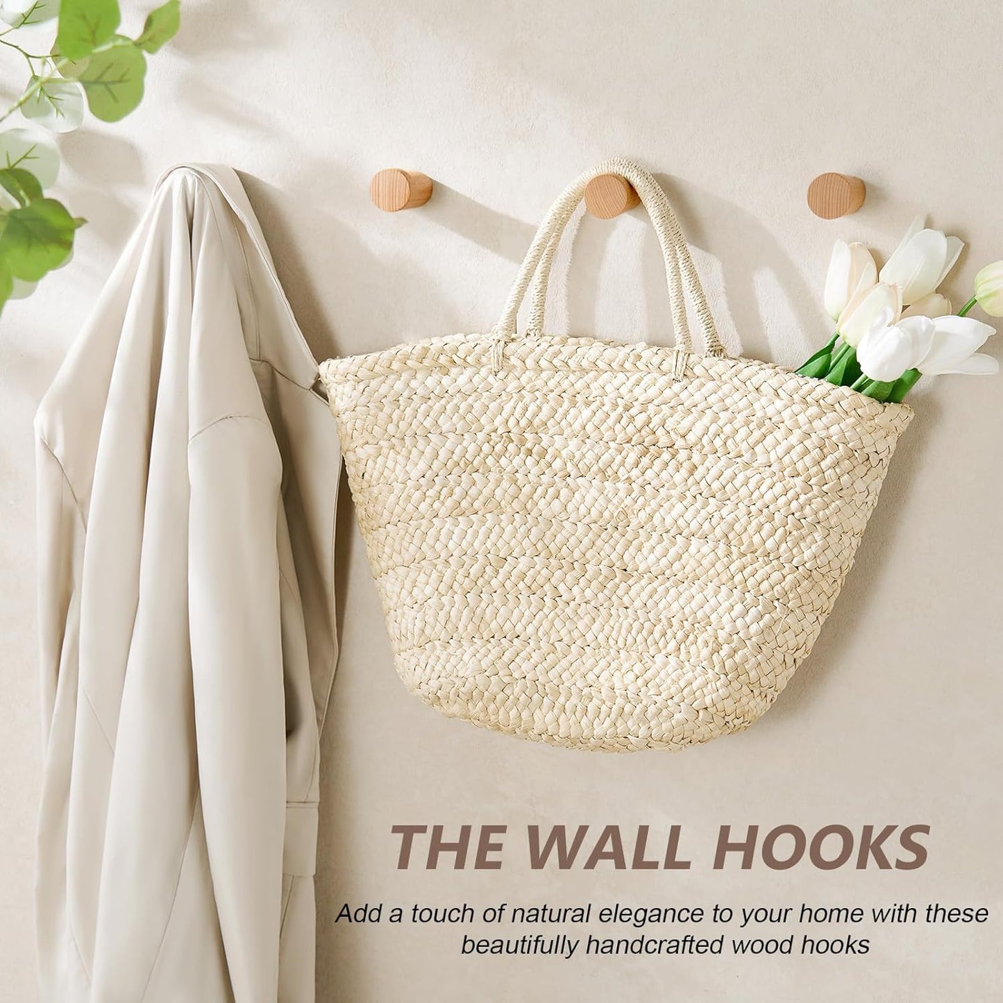 Wooden Wall Hooks 4 Pack, Modern Decorative Coat Hook Wall-Mount, Handmade Rustic Hat Hooks, Entryway Wall Hangers for Hanging Coats Hats Backpack, Bathroom Wood Towel Rack (Natural)