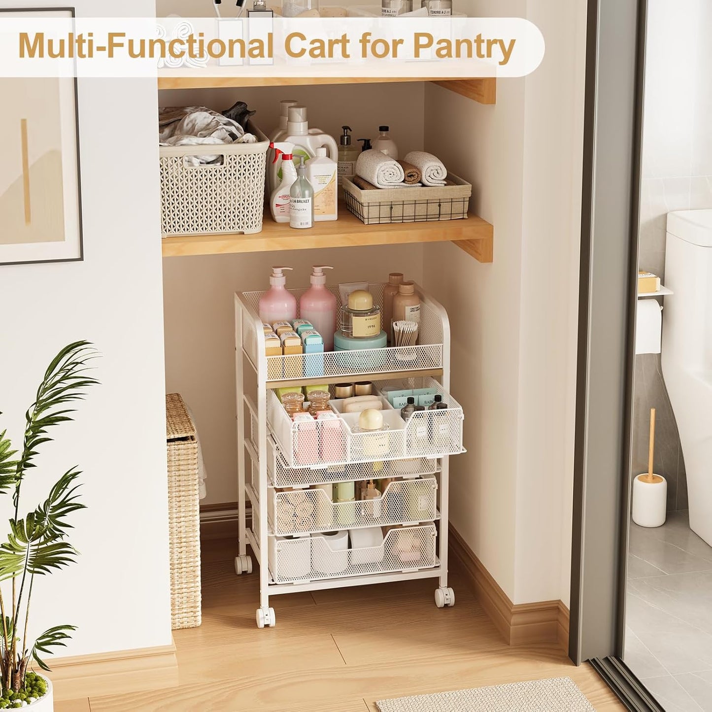 5-Tier Craft Organizer Cart with Wheels,Craft Organizers and Storage with Drawers,Lockable Wheels Rolling Utility Cart with DIY Divider,Office Supply Organizer,Ideal for Studio,Office,Bedroom,White