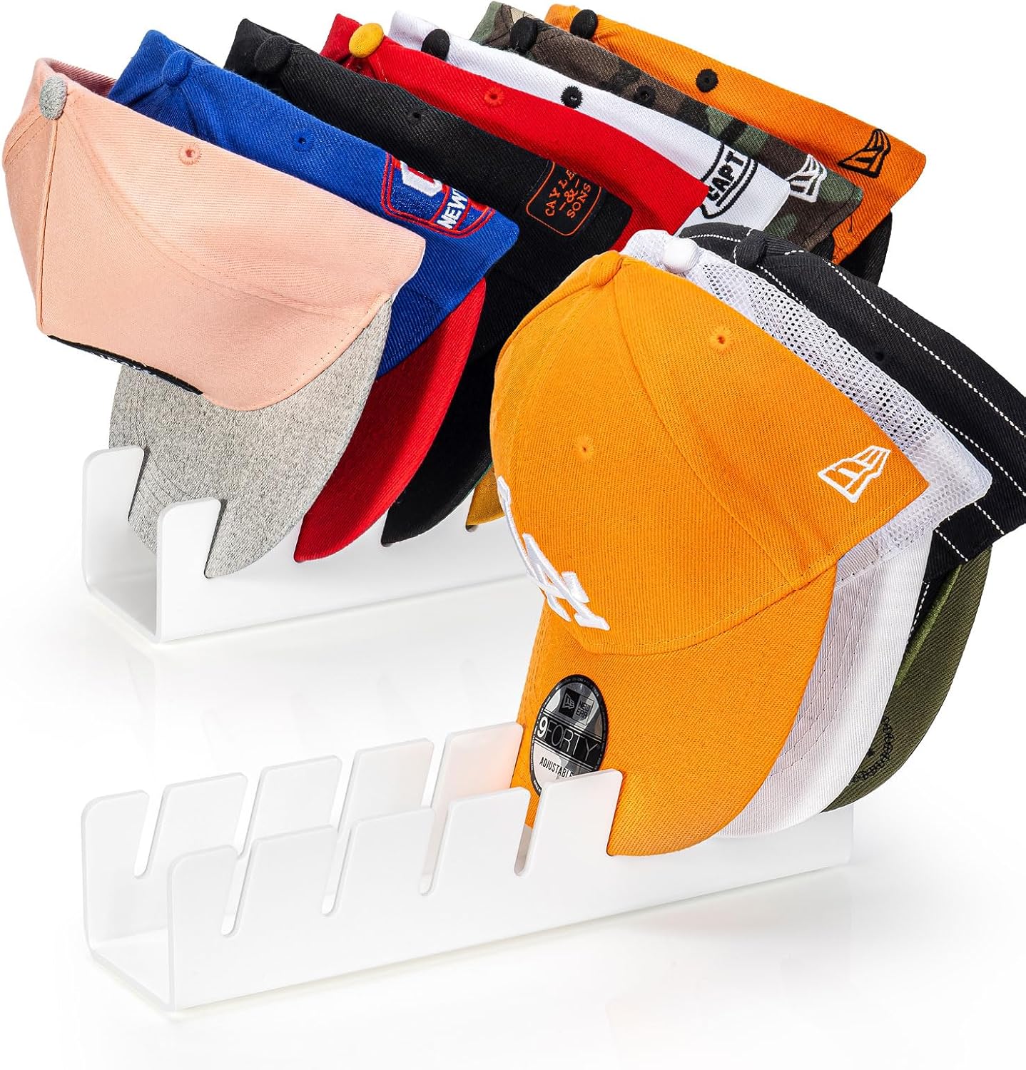 HAYVAN Hat Organizer for Baseball Caps 2024 New 2 PCS, No Install Acrylic Hat Holder for 14 Baseball Caps for Bedroom, Closet, Dresser (White)