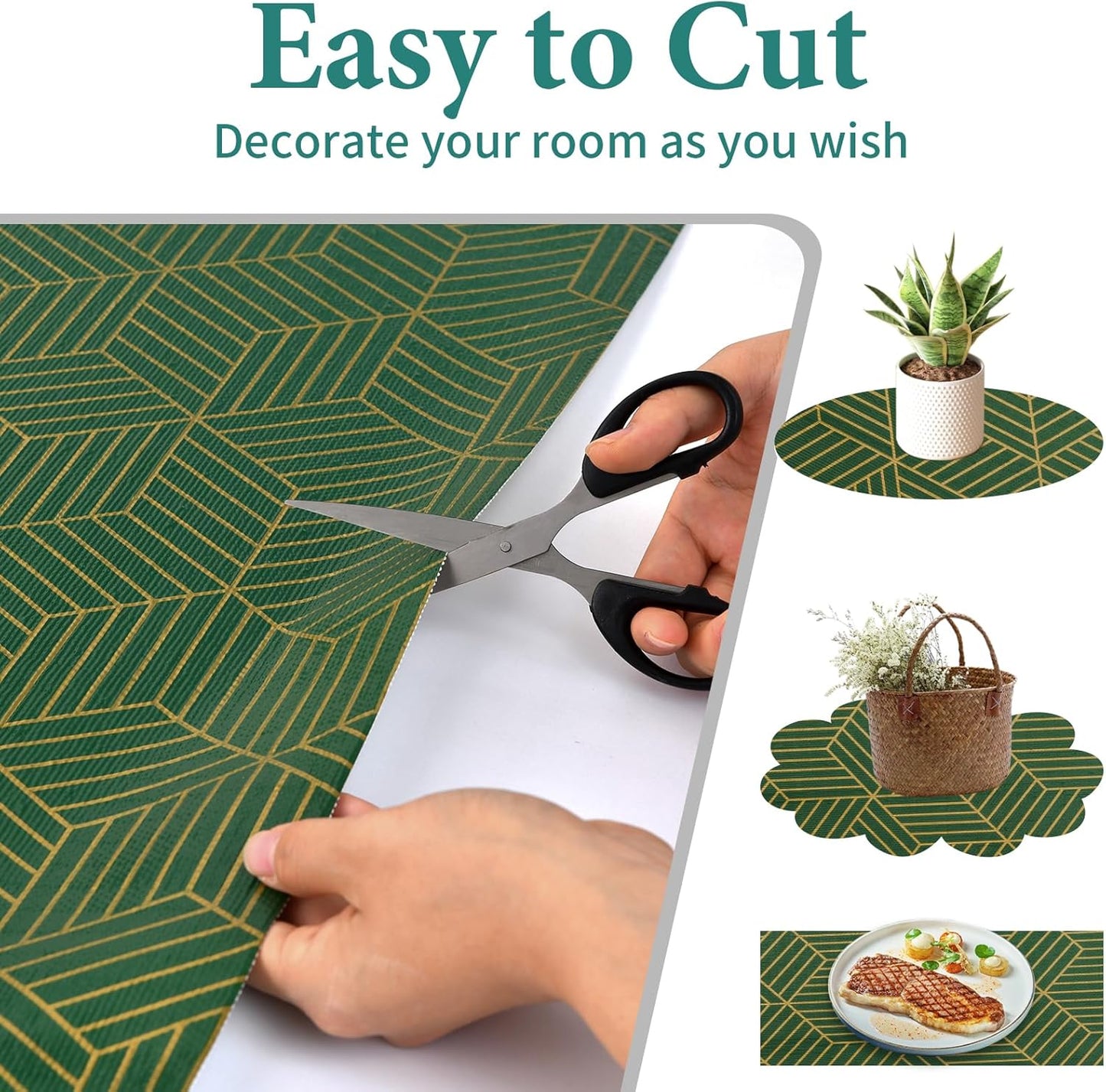 Shelf Liners for Kitchen Cabinets 23.6in x 20FT, Non Adhesive Cabinet Liner Strong Non-Slip Thickened Gold Green Geometric Drawer Liner, Easy to Clean for Shelf, Cabinet with Knife and Tape Measure
