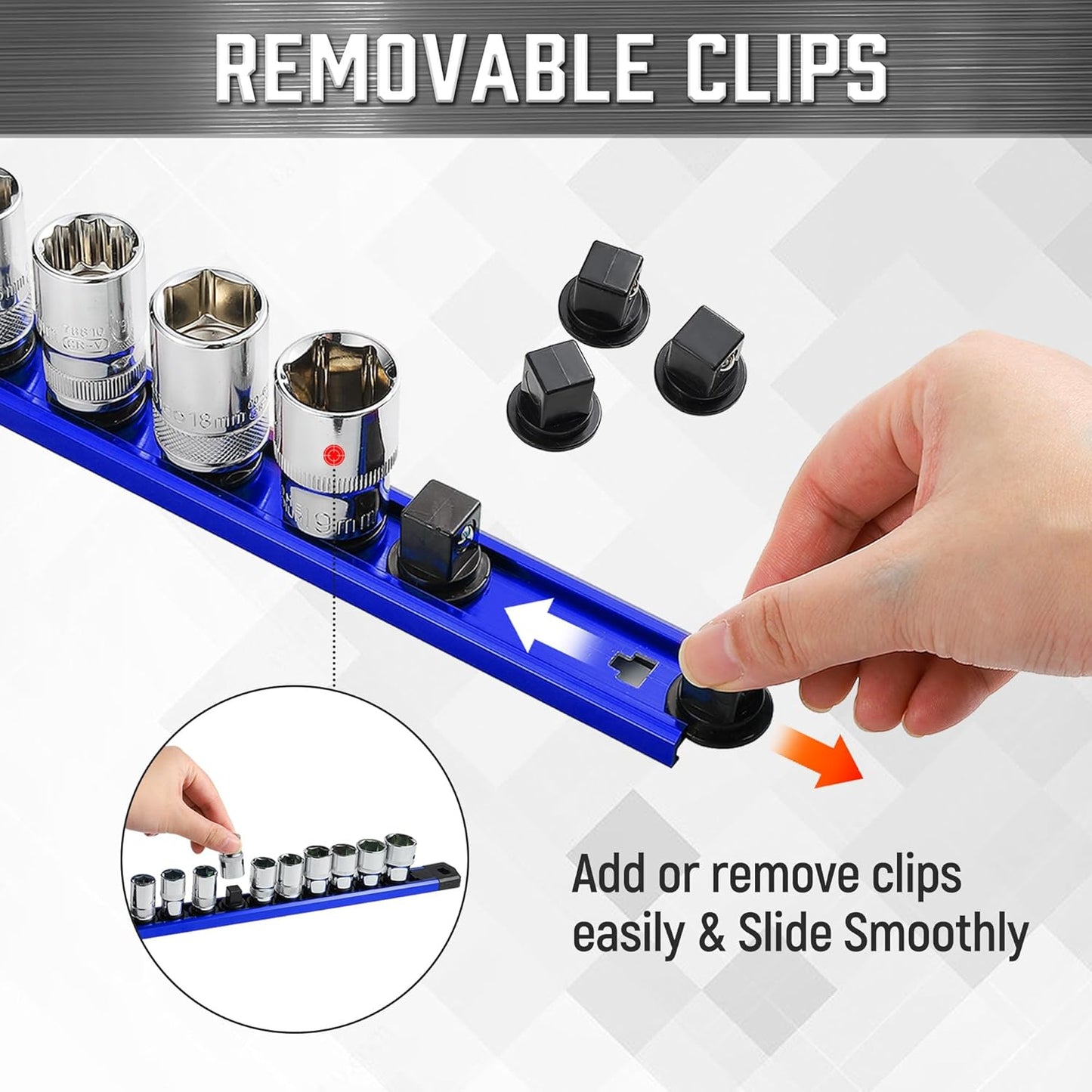 ALOANES 3/8-Inch Drive Magnetic Socket Organizer, Heavy Duty Aluminum Socket Rail Organizer, 360° Swivel Clips Socket Holder Kit for Tool Box, 3/8-Inch Socket Holder x 14 Clips (Blue)