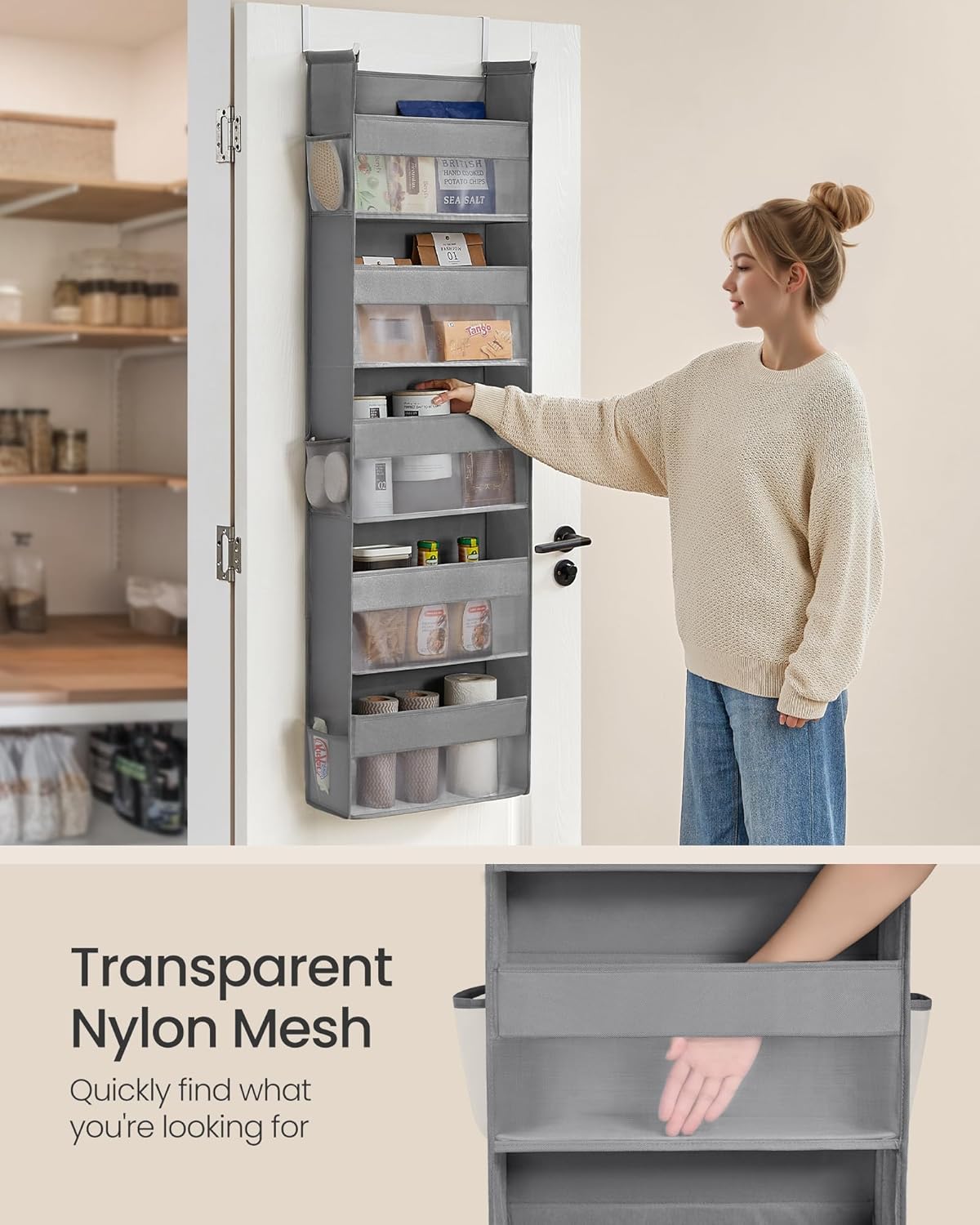 SONGMICS Over The Door Organizers, Set of 2 Hanging Door Organizers with 5 Large Pockets, 5-Tier Fabric Storage, Transparent Nylon Mesh, Foldable, Metal Hooks, with Side Pouches, Dove Gray URDH008G01
