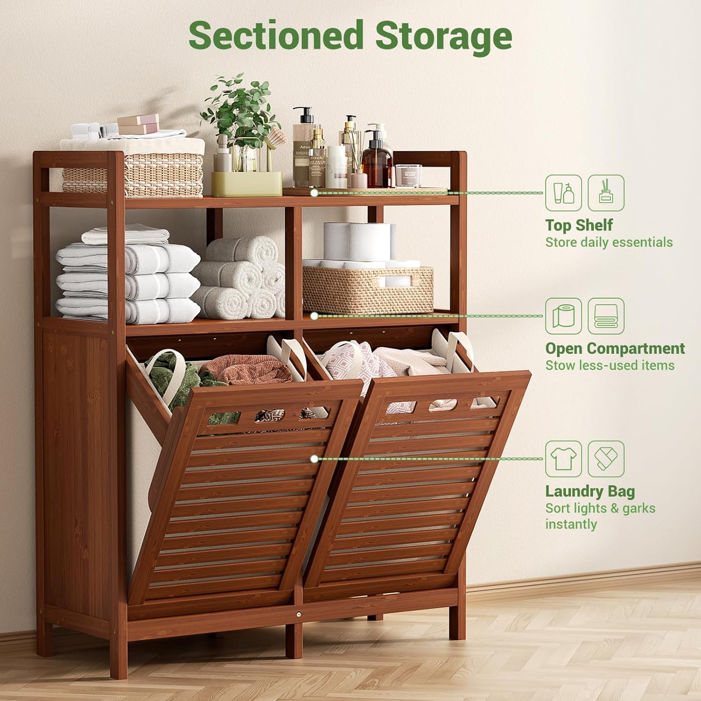 Homykic Tilt Out Laundry Hamper Cabinet, Bamboo Double Laundry Hamper with 2 Removable Laundry Baskets, 20 Gal Laundry Sorter Organizer with Shelf for Dirty Clothes, Bathroom, Laundry Room, Walnut