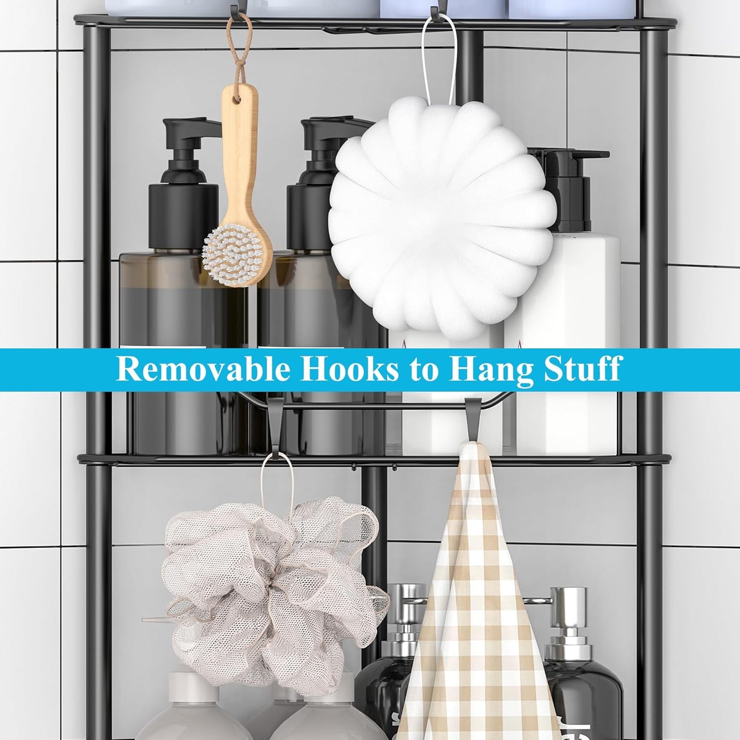 5 Tier Floor Standing Corner Shower Caddy Organizer Shelf with Hooks, Bathroom Shelves Stand Rack, Black