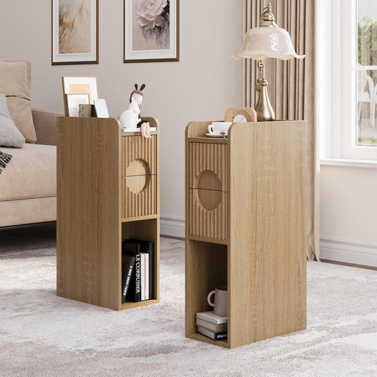 Slim Bedside Table Set of 2, Narrow Nightstand with Drawers, Fluted Wood Nightstand, Mid Century Modern End Table, Skinny Tall Nightstand, for Bedroom Natural