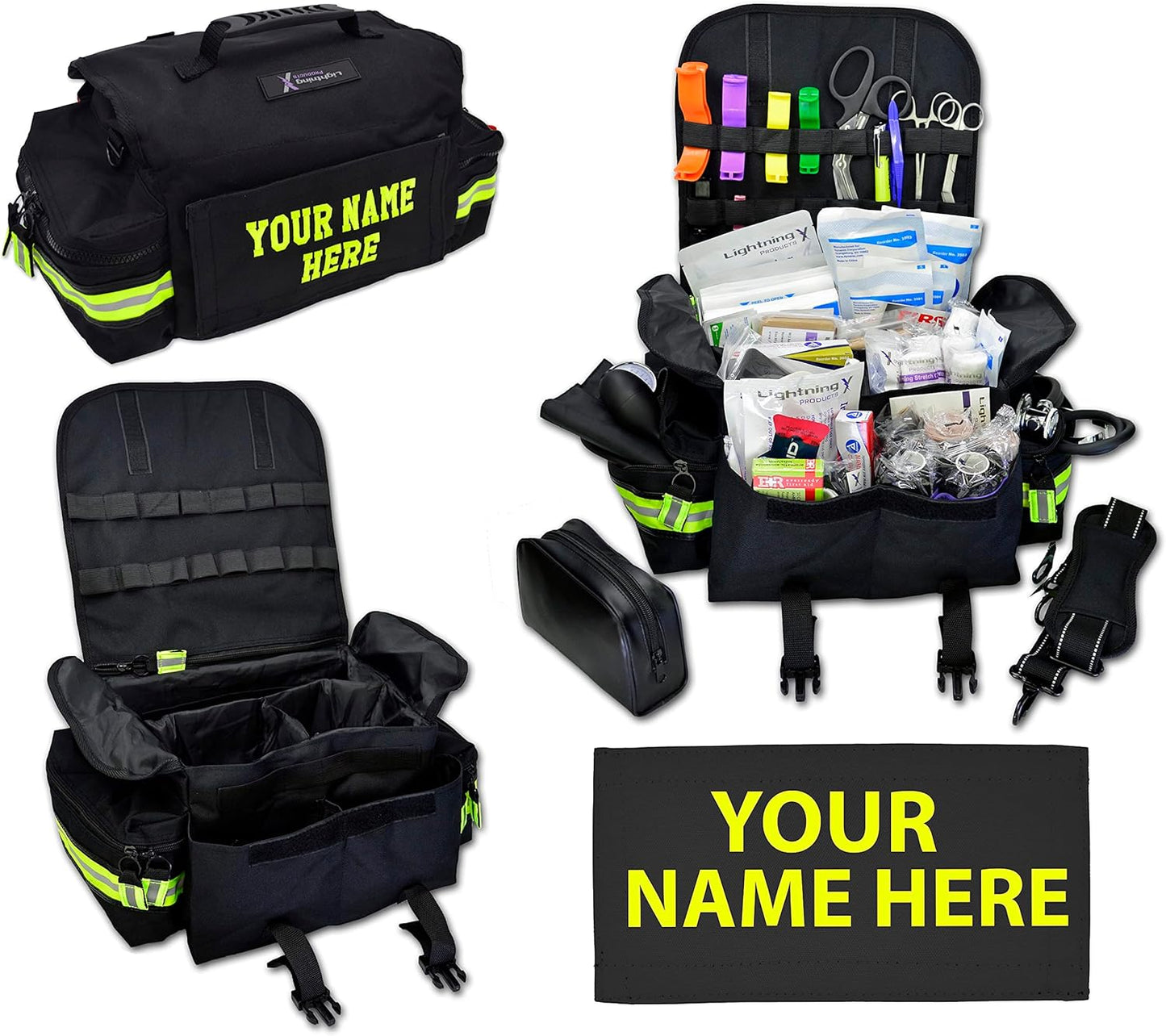 Lightning X Personalized First Responder EMT EMS Trauma Bag w/Stocked First Aid Fill Kit B & Custom Embroidered Name Patch (Black)