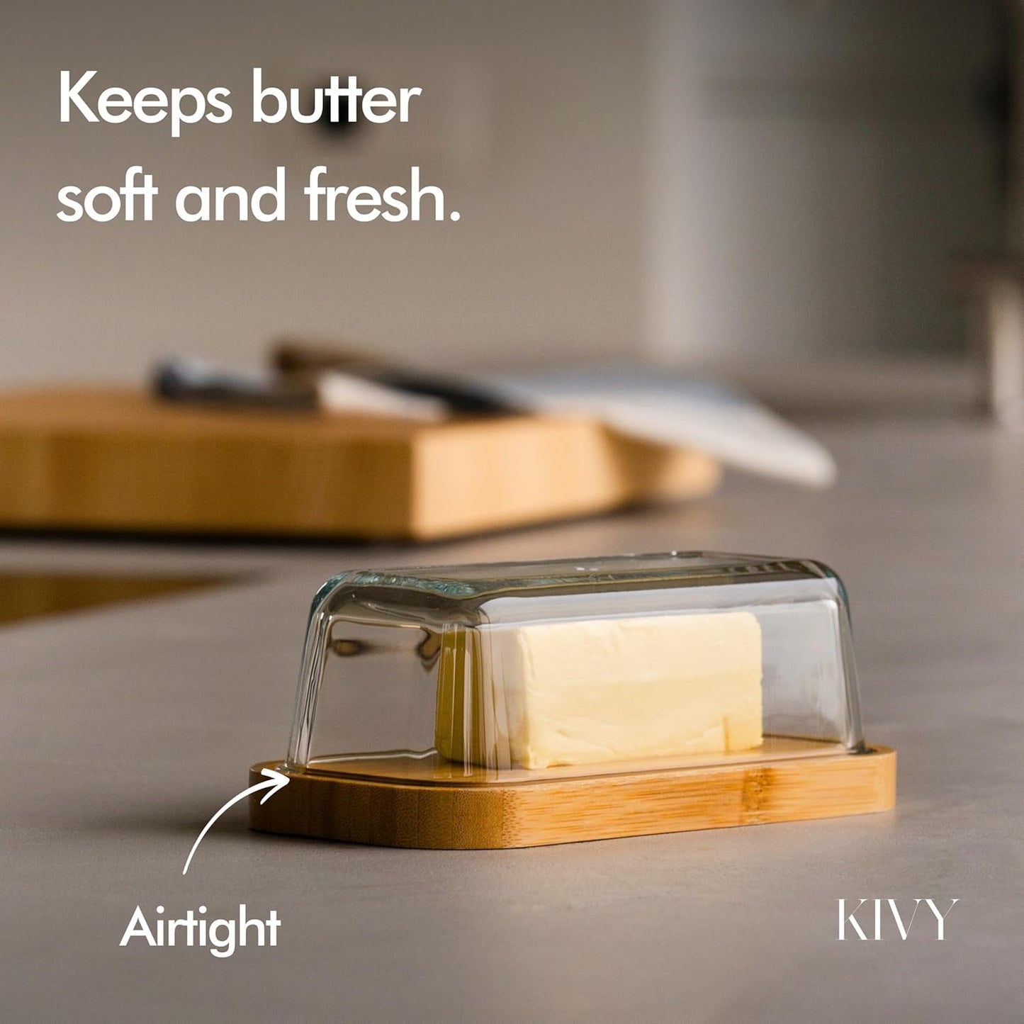 KIVY Glass butter dish with airtight lid that keeps butter soft - For countertop and refrigerator door shelf - Butter tray with lid fridge - Butter holder for counter - Covered butter dishes
