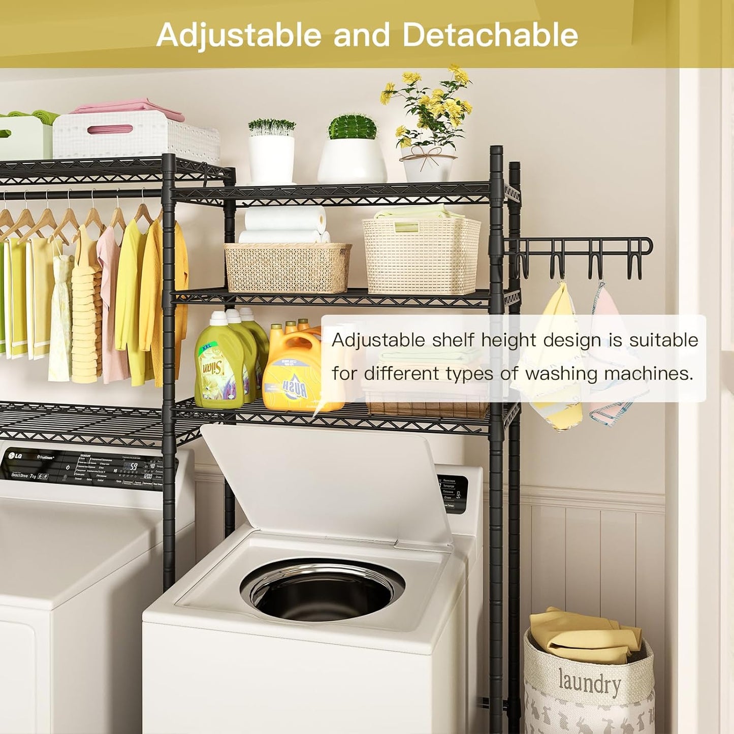 Ulif 65.3" W x 13.4" D x 77.5" H Clothes Drying Rack, 5 Tiers Over Washer and Dryer Laundry Room Storage and Organizer, Heavy-Duty Space Saver, Black