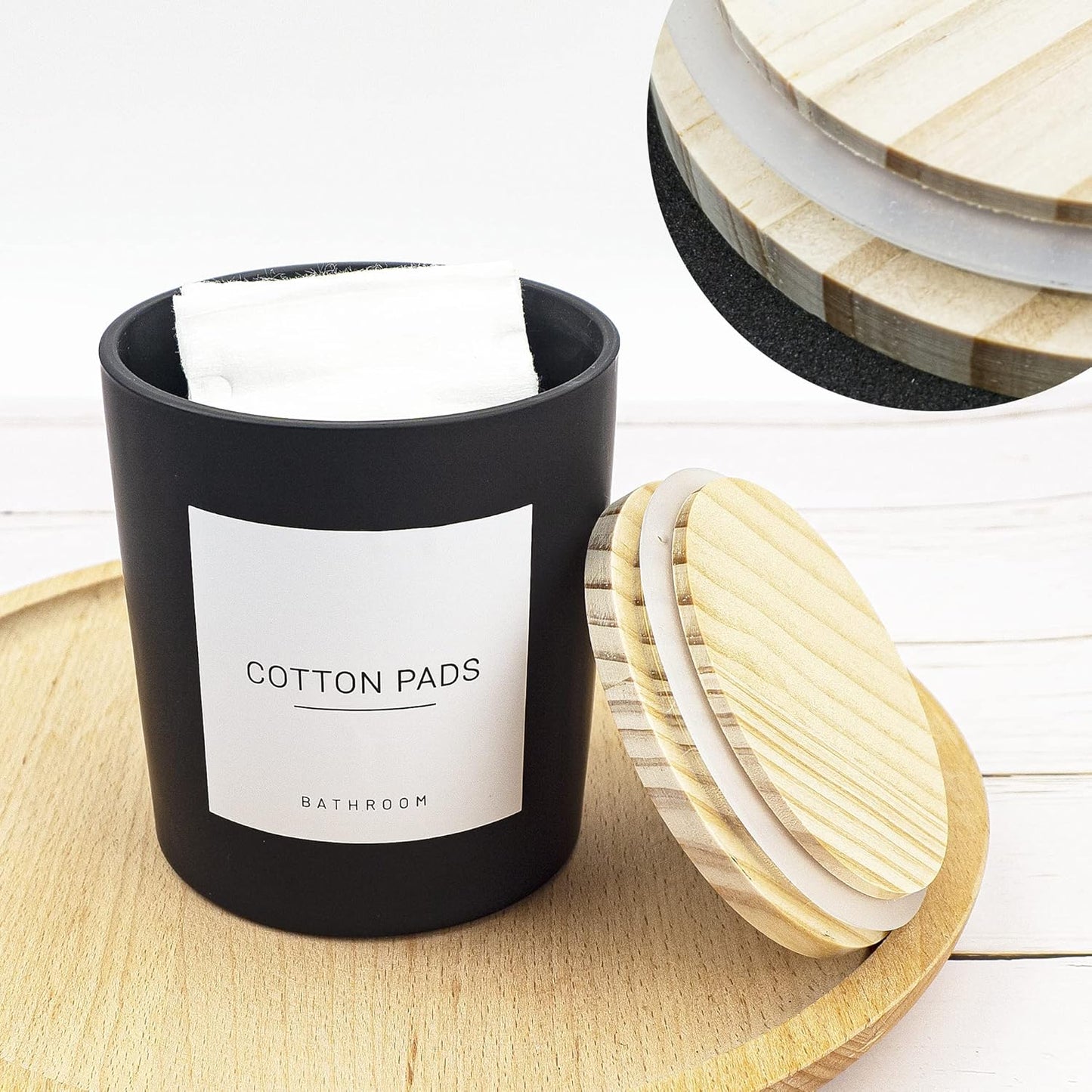 3PCS Modern 13.53oz Black Bathroom Canisters with 12 Labels & Wooden Lid Thick Glass Jar Set Qtip Holder for Cotton Ball & Pads Storage Organization Minimalist Decor