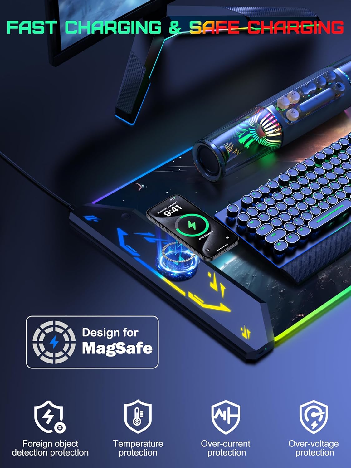 TopMade Wireless Charging Mouse Pad, RGB Gaming Mousepad, 35.4" x 15.8" Extra Large Waterproof Keyboard Desk Pad, Computer Desk Mat, Cosmic Planet (Includes 20W PD Power Adapter & 6.56ft Woven Cable)