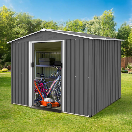 8x6ft Outdoor Metal Storage Shed with Lockable Sliding Door & Sloping Roof, Galvanized Steel Frame Waterproof Garden Tool Shed for Backyard, Garden, Lawn