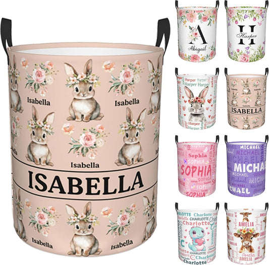 Custom Name Laundry Hamper, Personalized Rabbit Laundry Basket with Name for Boys Girls Kids Men Women, Customized Name Dirty Clothes Basket Gifts for Clothes Toy Bathroom Bedroom Laundry Room Dorm