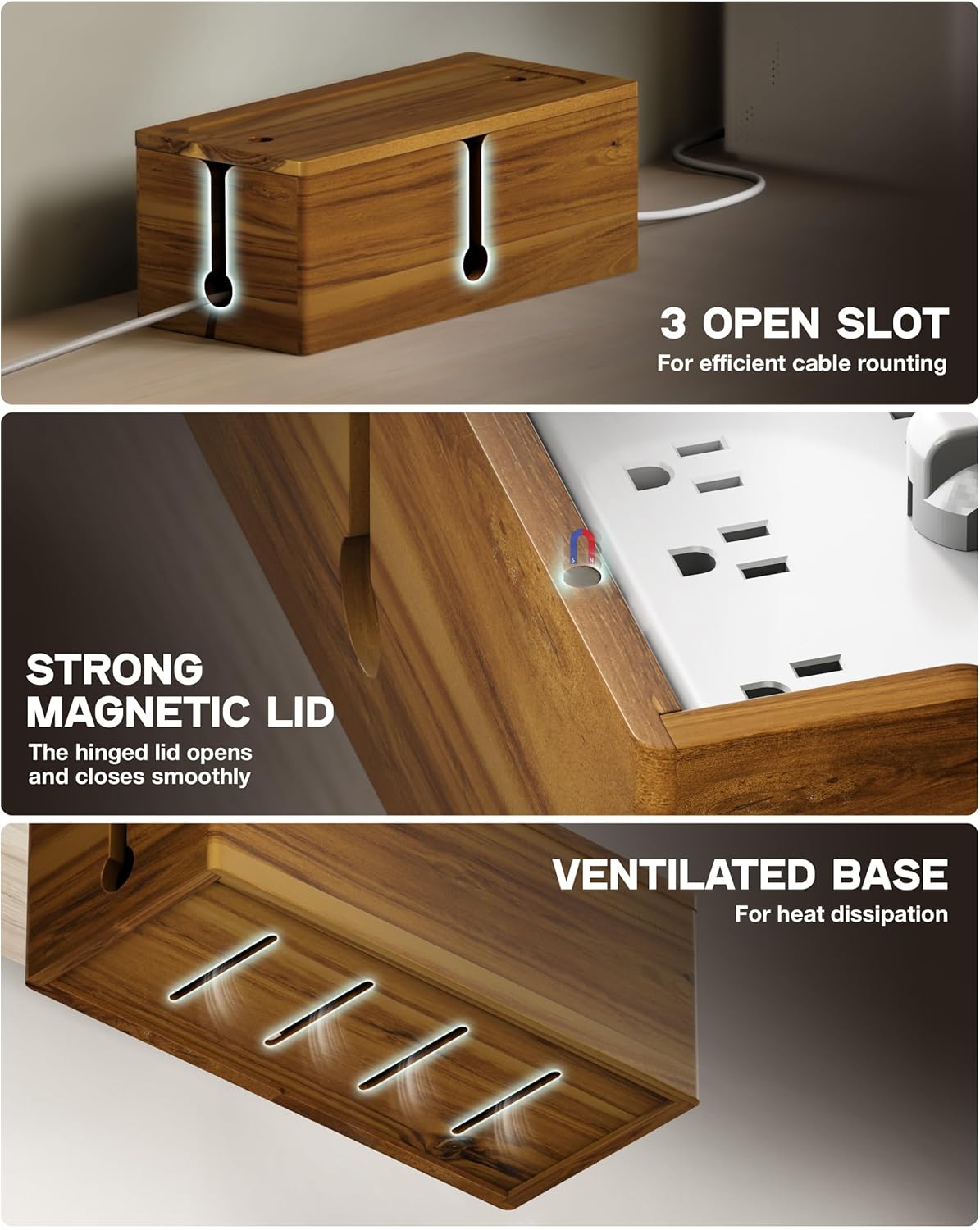BLUEWEST 2-Pack Cable Management Box, Acacia Large Cable Cord Organizer Boxes for Power Strip – 3 Open Slots Wooden Cords Hider Box for TV Wires, Computer, Router, USB Hub and Under Desk Power Strip