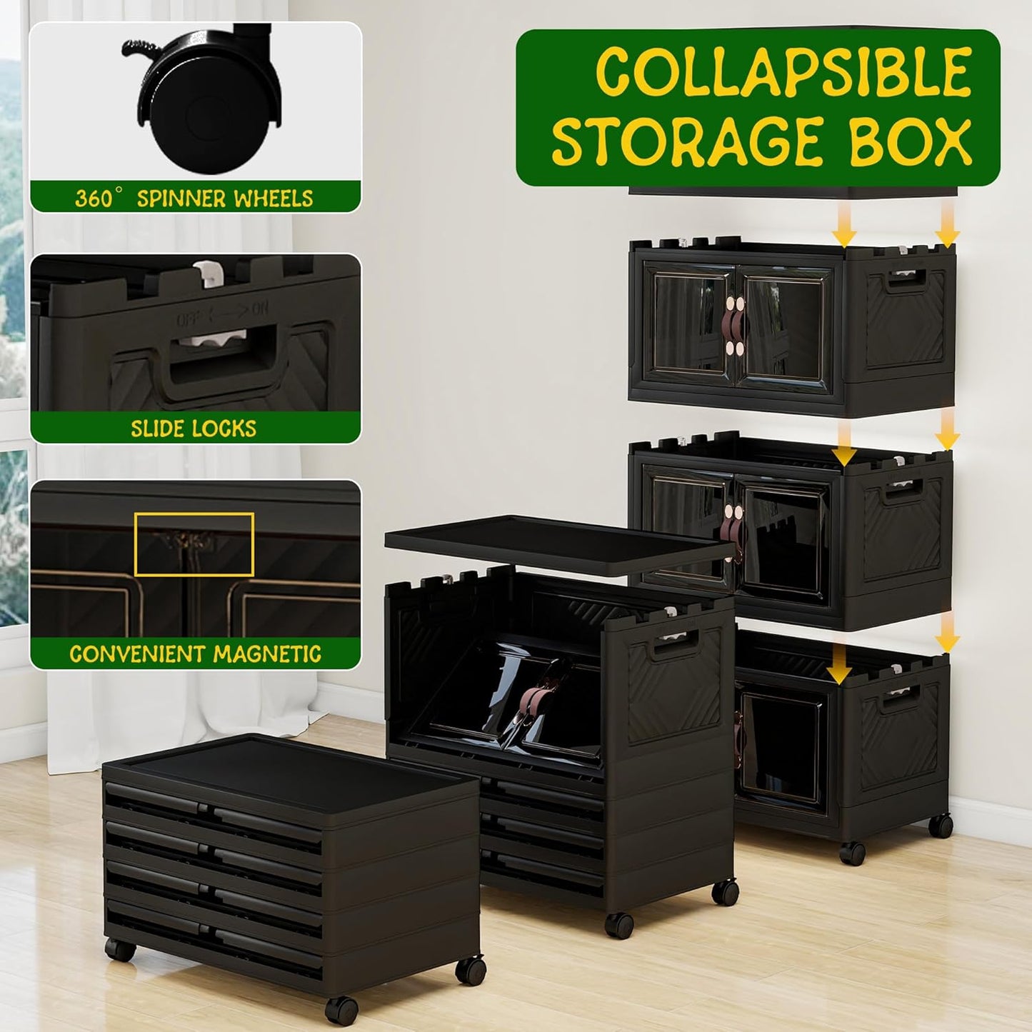 Storage Bins with Lids and Wheels, Collapsible Bathroom Storage Cabinet with Clear Doors, Plastic Stackable Closet Organizers and Storage Containers Black 398 QT