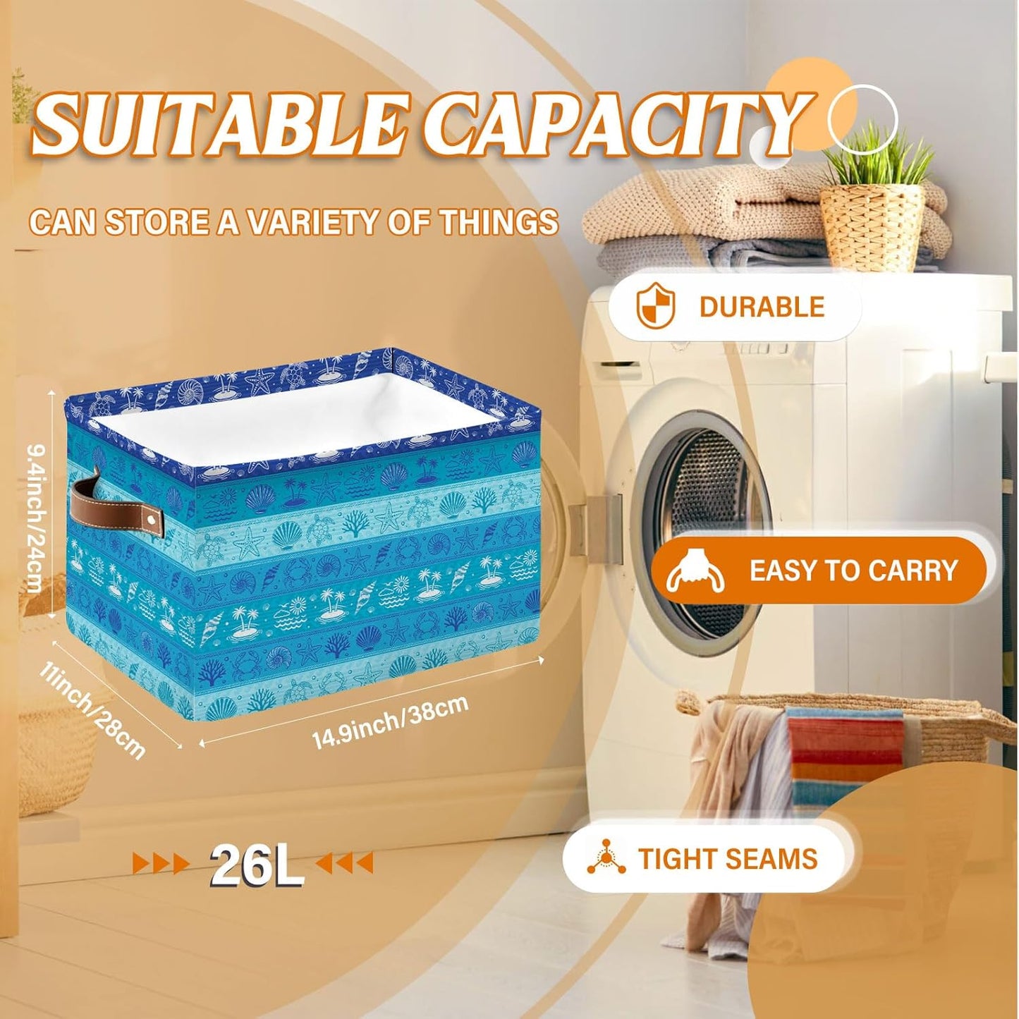 Rectangle Blue Ocean Nursery Storage Basket, Collapsible Storage Box Bin with Handles for Toy, Storage Basket for Friend, Laundry Organizer for Room, Gifts for Chritsmas Thanksgiving 14.9x11x9.4in