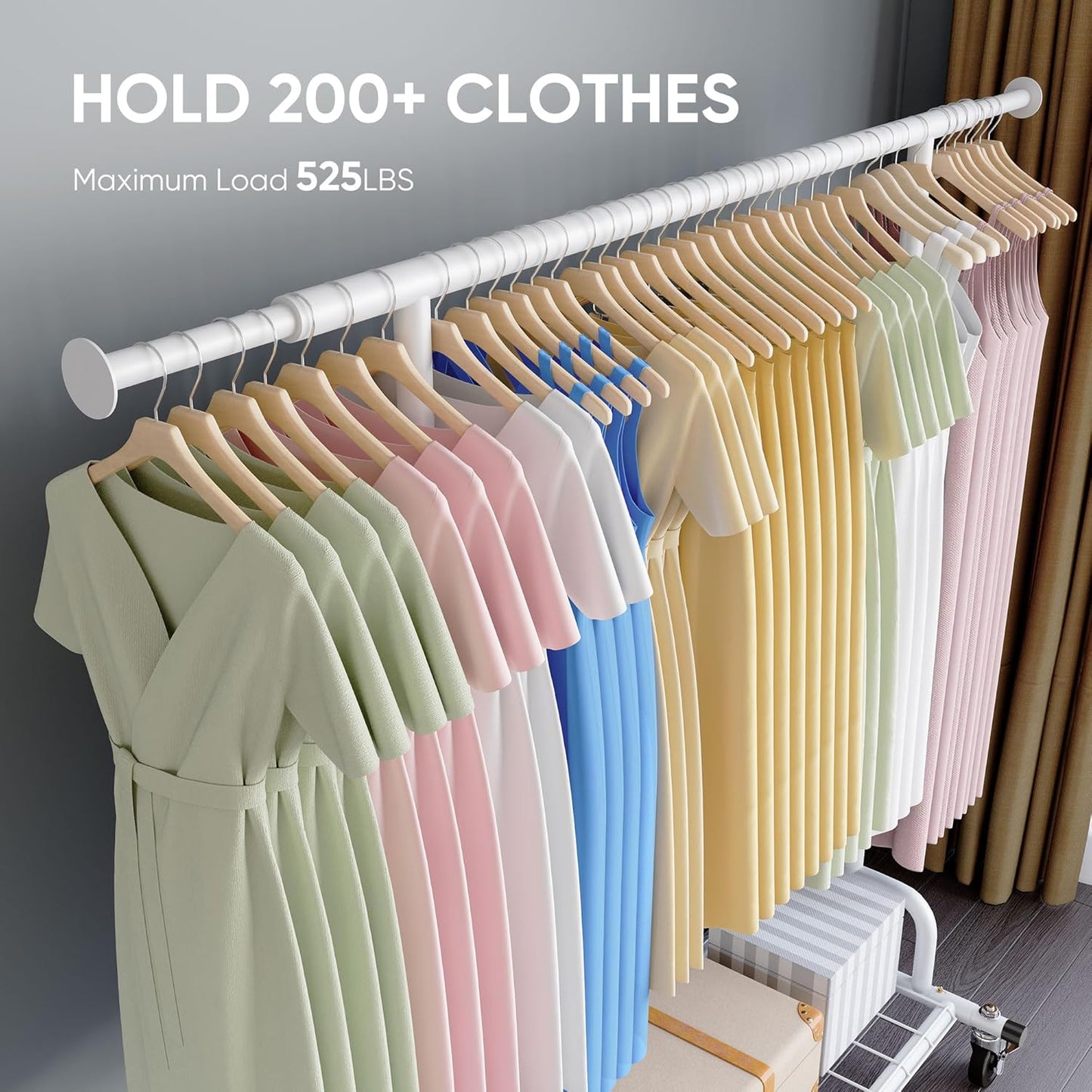 HOKEEPER Clothes Rack Collapsible Clothing Garment Rack Capacity 525LBS Clothing Racks on Wheels Heavy Duty Rolling Clothes Rack for Hanging Clothes for bedroom, Commercial, White 22"D x 75"W x 71"H