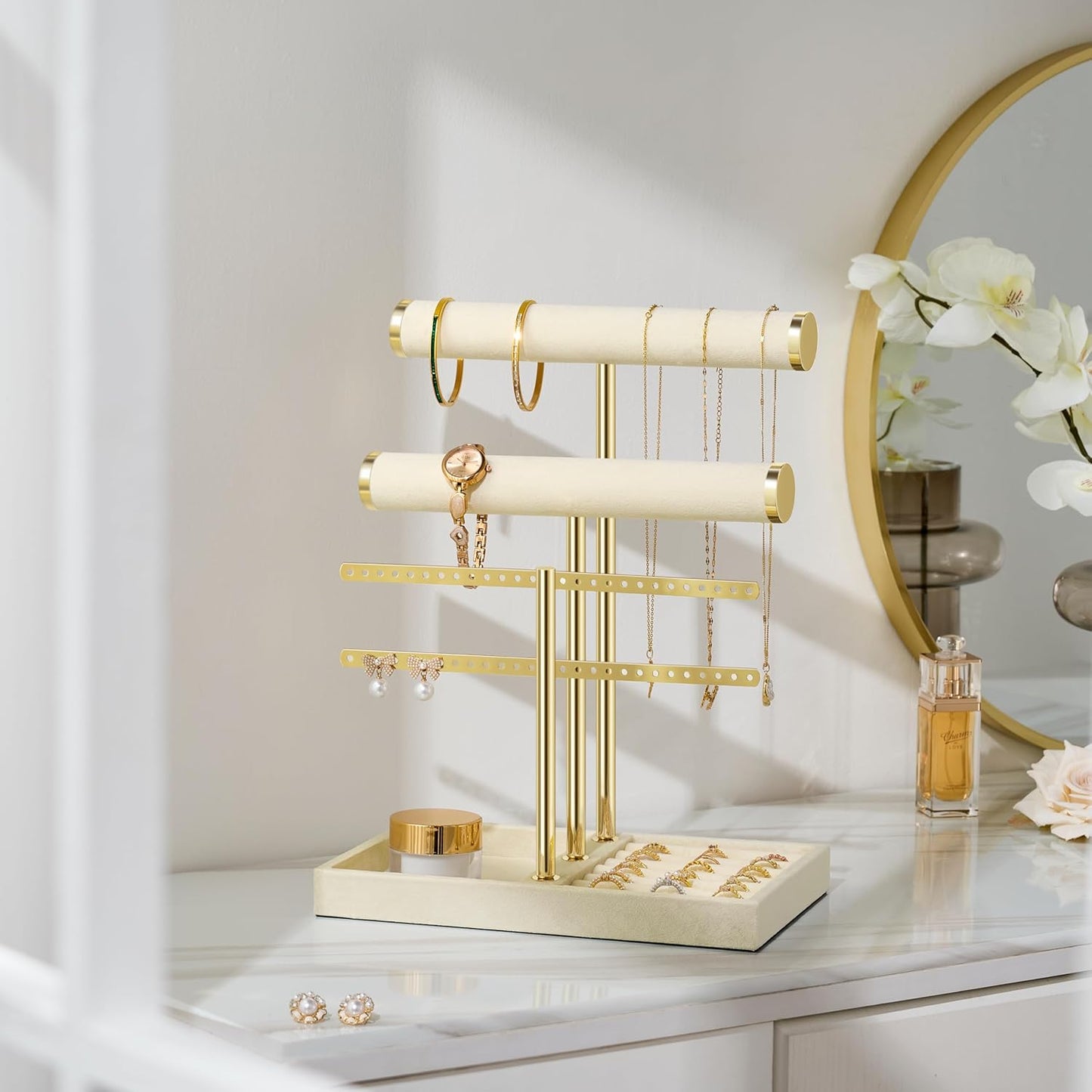 3 Tier Bracelet Holder Display - Detachable T Bar Beige Velvet Bracelet Holder, Jewelry Holder Organizer for Bracelet, Necklace, Earrings, Rings