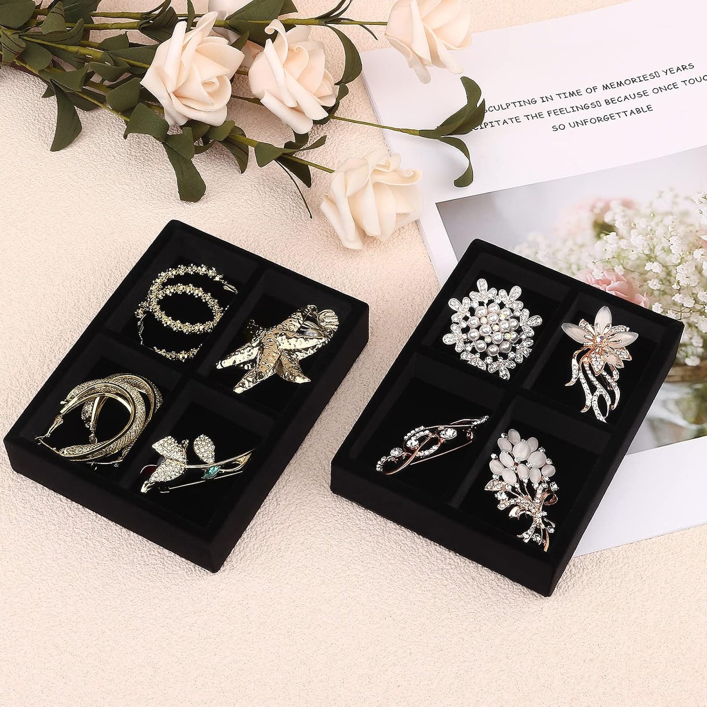 DesignSter Small Jewelry Tray-Ring Organizer 2PCS Premium Velvet Rings Earrings Display Tray Storage Insert Holder for Jewelry Box, Drawer, Dresser (4 Grids, Black)