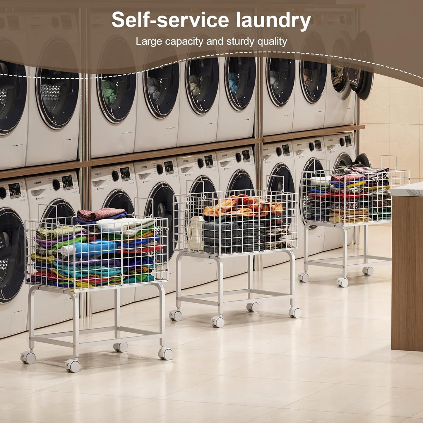 Wire Laundry Hamper Cart,80L Laundry Hamper Trolley with Pull Handle,White High Laundry Basket Cart for Laundry Room,Bathroom,Bedroom-White（23.6 * 15.75 * 28inch）
