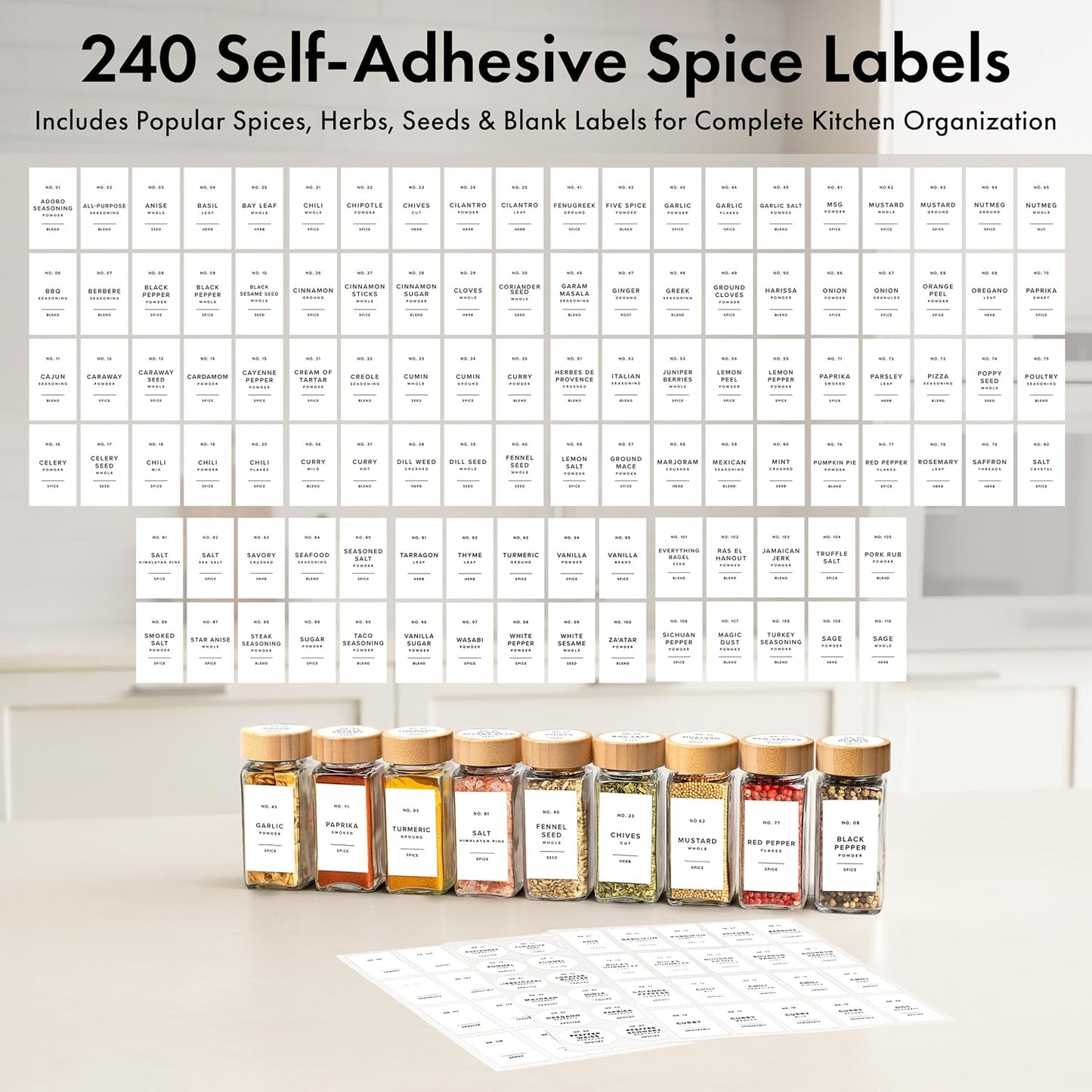 Square Spice Jars with Bamboo Wooden Lid (Pack of 24) Spice Jars with Shaker Insert and 240 Labels - Bamboo Lid Glass Container for Spice Organisation [4.3 in × 1.8 in]