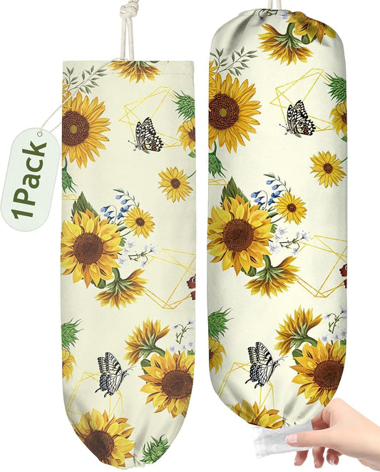 Plastic Bag Holder, Grocery Bag Organizer - 1 Pack Cute Kitchen Dispenser Holders Reusable Shopping Western Hanging Wall with Adjustment Drawstring Closure for Women Home, Sunflower