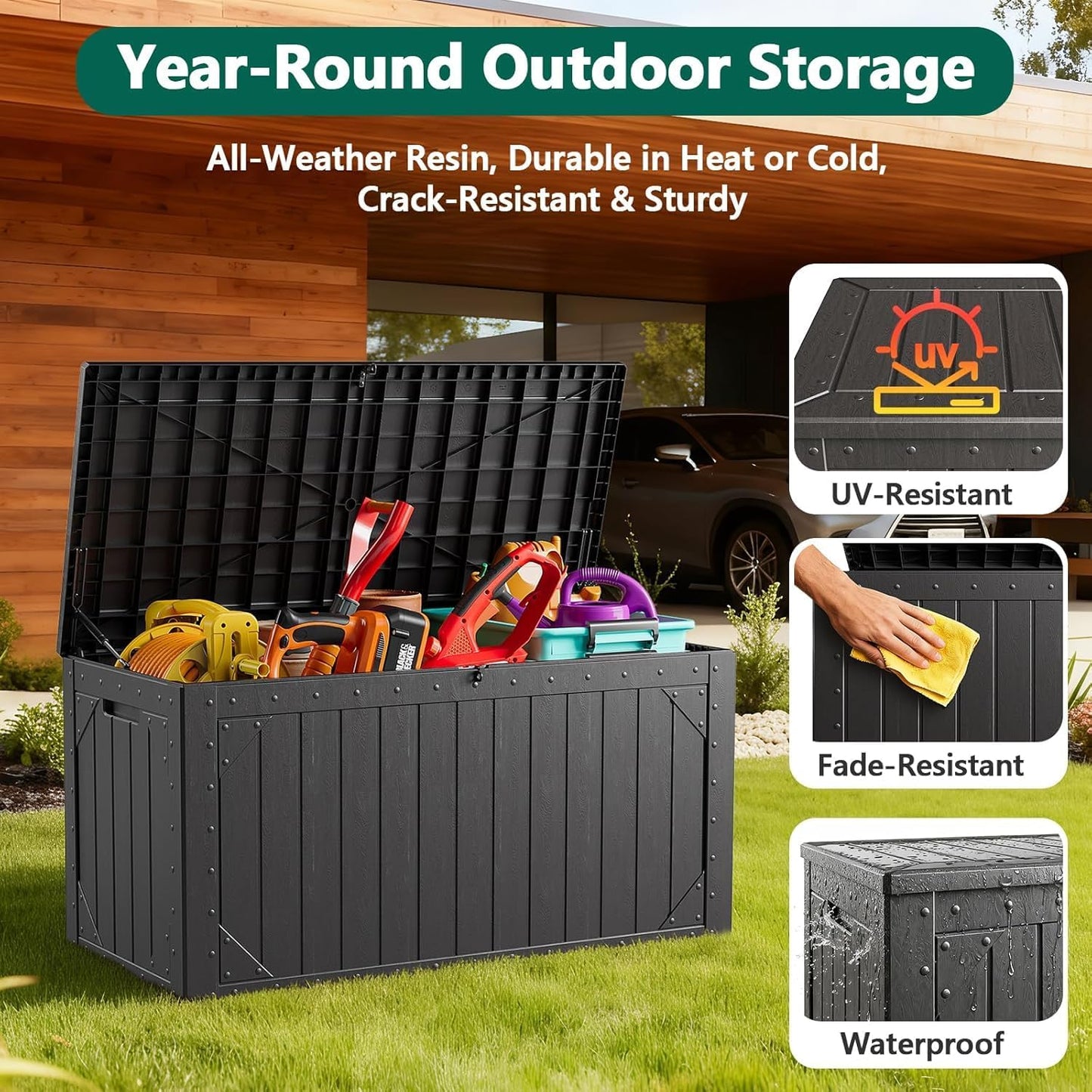 100 Gallon Outdoor Storage Box, Weatherproof Deck Box for Patio Cushions, Throw Pillows, Garden Tools, Lockable Resin Large Outdoor Storage Bench for Yard, Porch, or Balcony