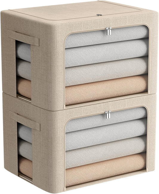 FHSQX 2 Pack Clothes Storage Bins Stackable Metal Frame Storage Box Foldable Linen Fabric Box Organizer with Carrying Handles and Clear Window (Beige, 15.7x 11.8x 11.7 Inch)