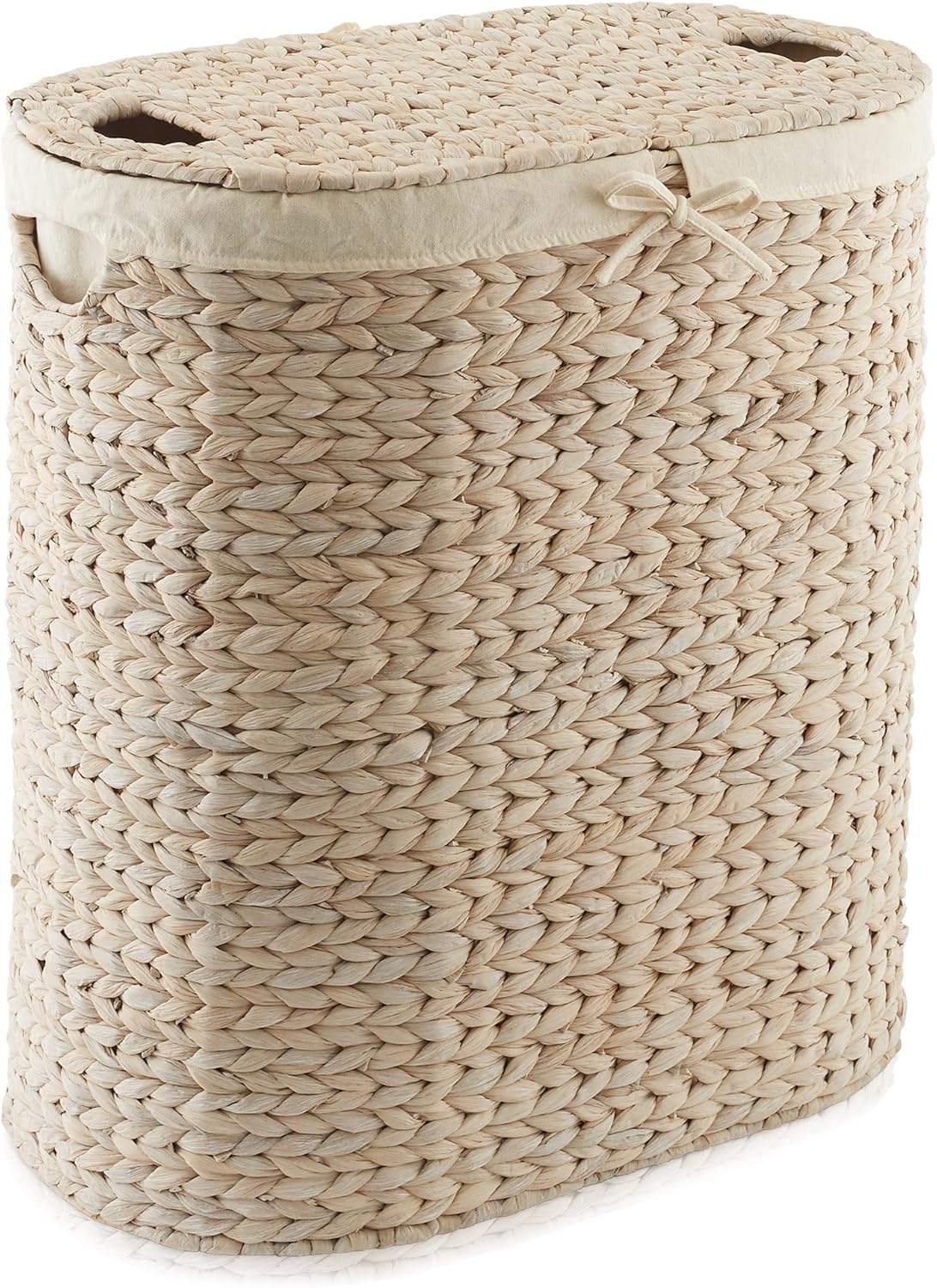 Casafield Oval Laundry Hamper with Lids and Removable Liner Bags - Whitewash, Woven Water Hyacinth 2-Section Laundry Basket Sorter for Clothes, Towels