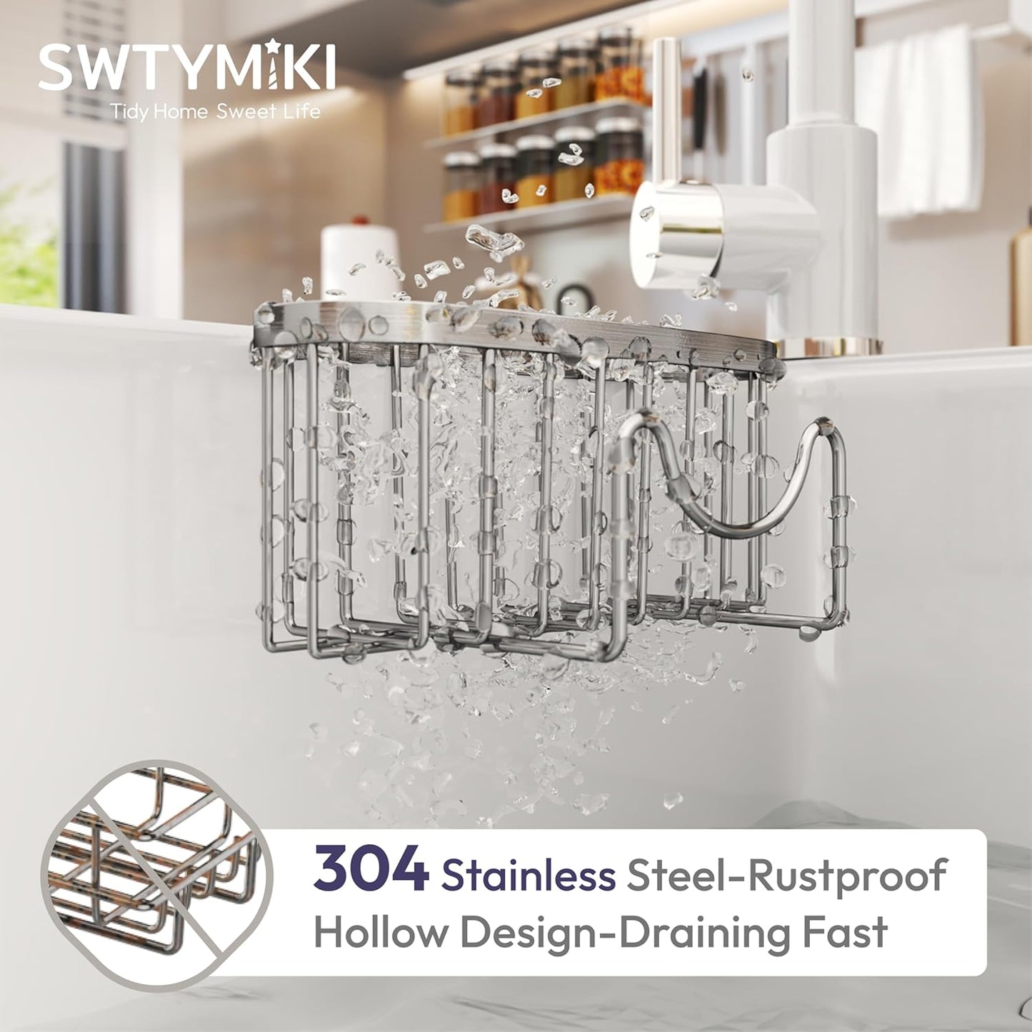 SWTYMIKI Sponge Holder for Kitchen Sink - Movable Kitchen Caddy with M Shape Hook, Stainless Steel Hanging Sponge Caddy for Sponges, Brush, Stopper Organizer in Double Bowl Sink, Silver