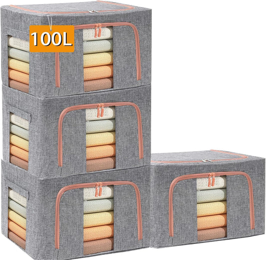100L Large Storage Bags,Stackable Clothes Storage Bins with Hold Shape Metal Frame,Foldable Closet Organizer Containers with Zipper,Clear Window,Thick Fabric for Seasonal Clothing (Gray, 4 Pack)
