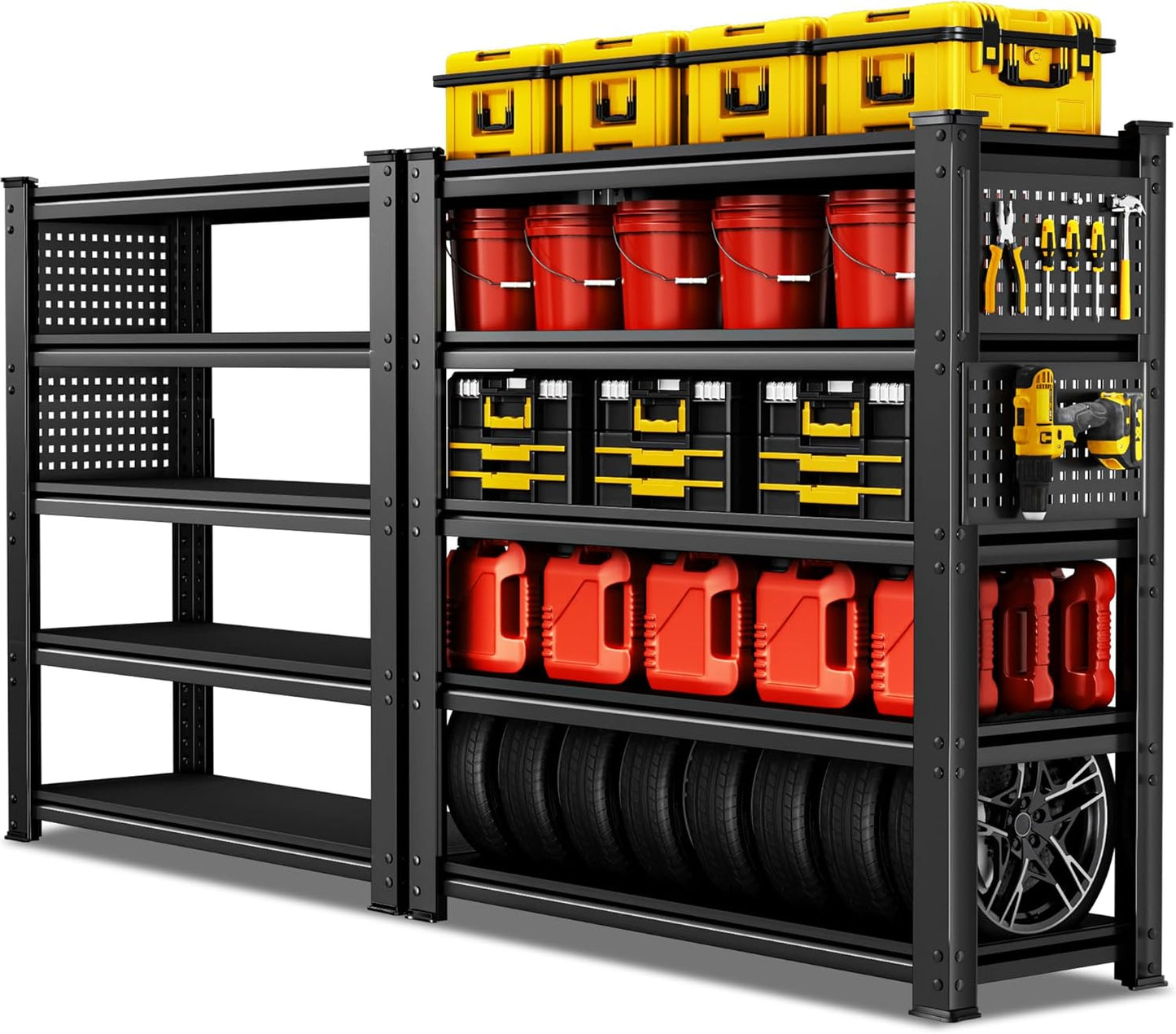 SILVEL 48.2" W Garage Shelving, 5000LBS Heavy Duty Metal Shelving, 2025 Solid Storage Shelves with 2 Side Pegboards, Industrial 5 Tier Shelves for Basement Pantry Warehouse Supermarket, 2 Pack