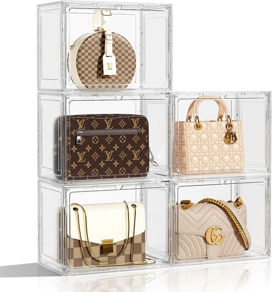Clear Display Case for Collectibles, Purse Organizer for Closet, Handbag Storage Organizer 5 Pack Stackable Storage Boxes with Magnetic Lid for Shoes, Books, Purse, White