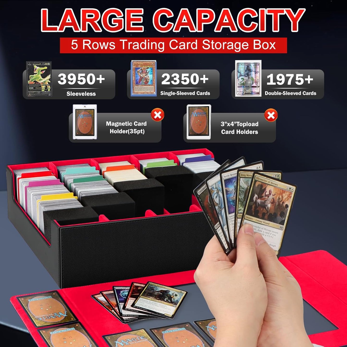 AOBOPLE Trading Card Storage Box,3900+ Card Box Storage with 48 Dividers and 5 Foam Supporters PU Leather Magnetic Card Box for MTG,TCG, Magic and Sport Cards,Great Gift for Card Collectors