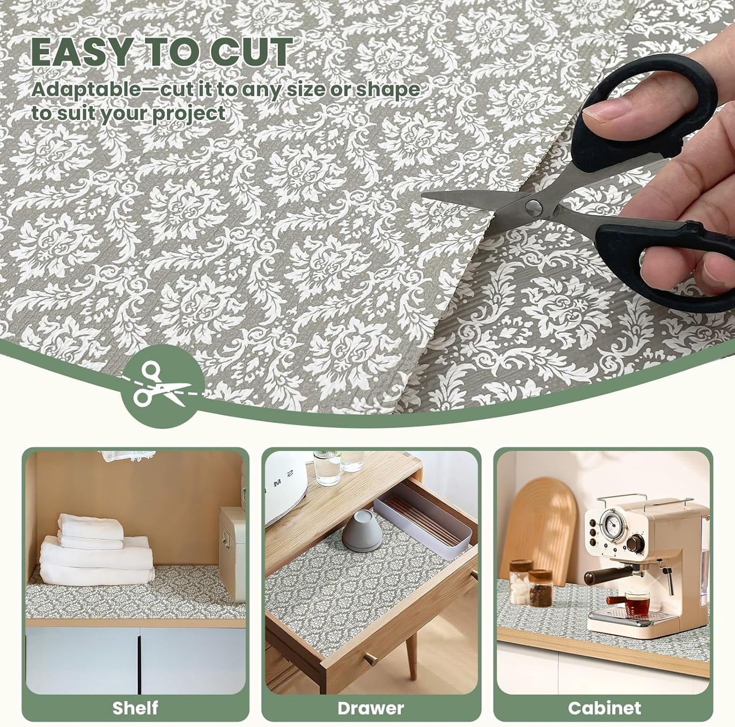 Drawer Liner and Shelf Liner for Kitchen Cabinet Liner Non-Adhesive Non-Slip Shelf Paper, Thick Strong Grip Waterproof Easy to Clean for Shelves, Cupboard, Desks, Baroque Pattern, 23.6 in x 20 FT