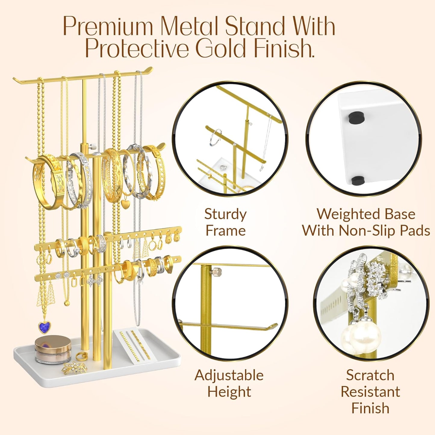 Jewelry Tower Stand Organizer for Women - Elegant Jewelry Holder Display with Necklace Holder, Earring Organizer & Bracelet Rack - Tabletop Jewelry Stand for Dresser, Vanity, Desk