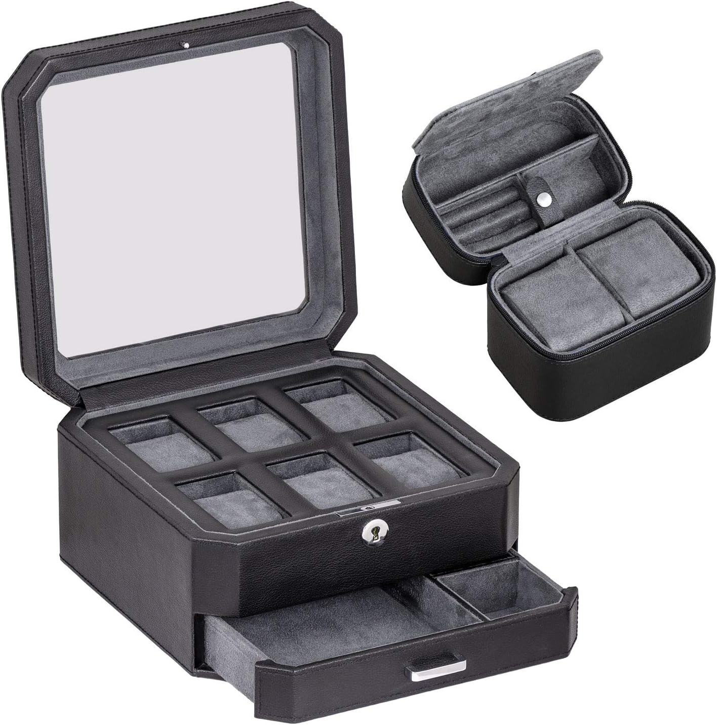 ROTHWELL Gift Set 6 Slot Leather Watch Box and 2 Watch Travel Case - Luxury Case Organizer, Microsuede Liner, Locking Mens Jewelry Watches Holder, Storage Boxes Glass Top (Black/Grey Gift Set)