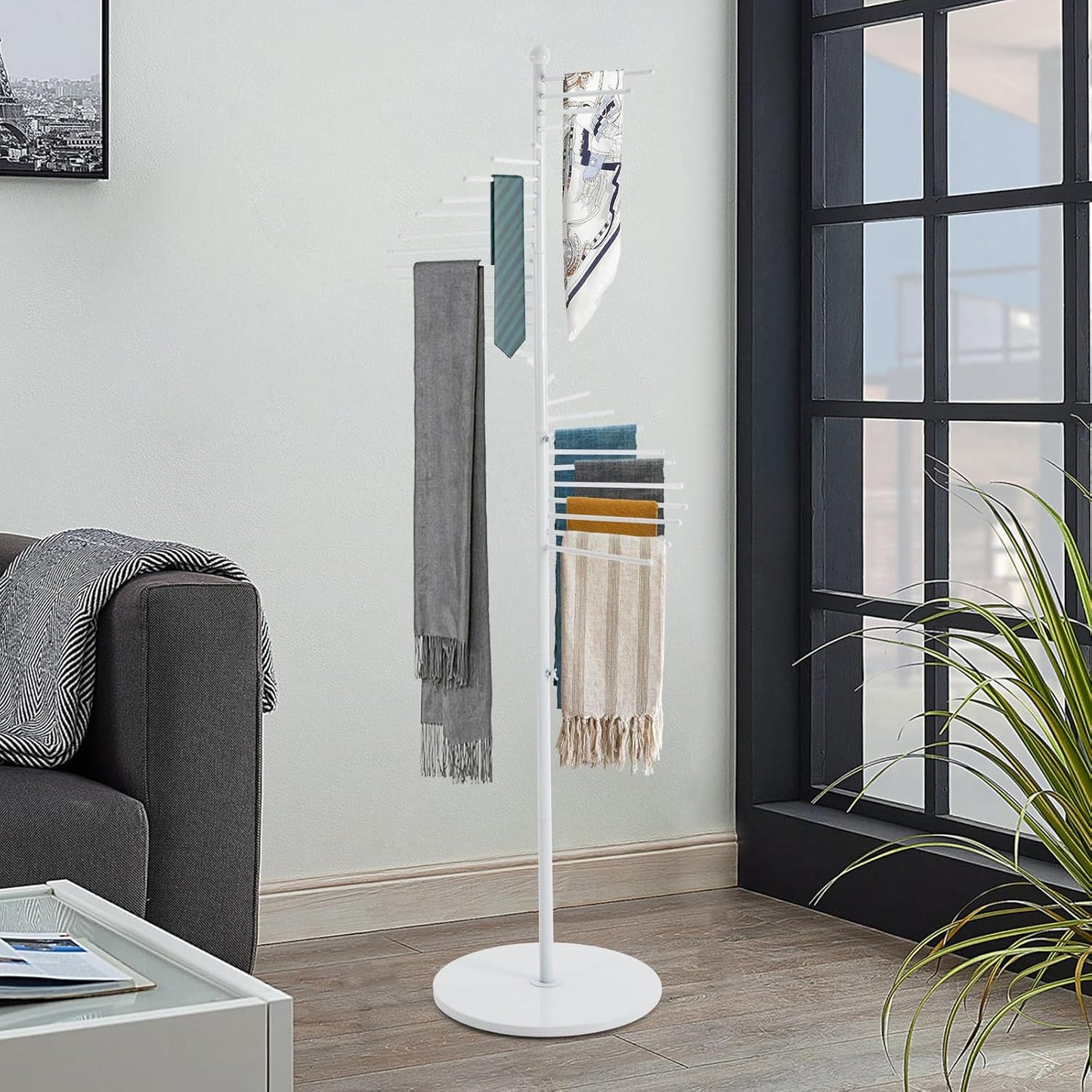 Spiral Scarf Display Stand, Freestanding Hijab Organizer with Multiple Rods, Metal Scarf Rack for Clothing Store Home, White