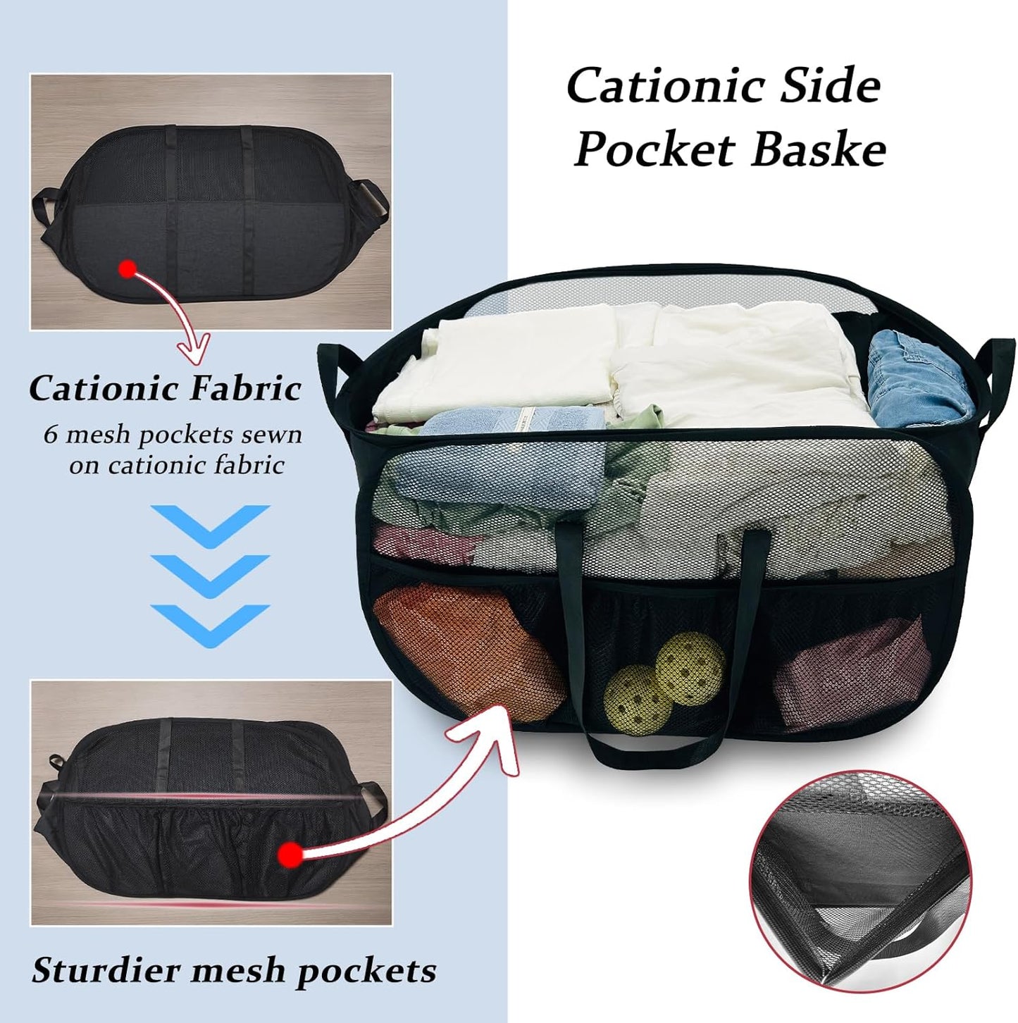 100L Extra Large Mesh Pop Up Hamper with Handles and bag, Upgraded Cationic XL Collapsible Laundry Baskets, Portable Stair Basket, Dirty Clothes Hamper for Cruise Travel Bedroom. Black