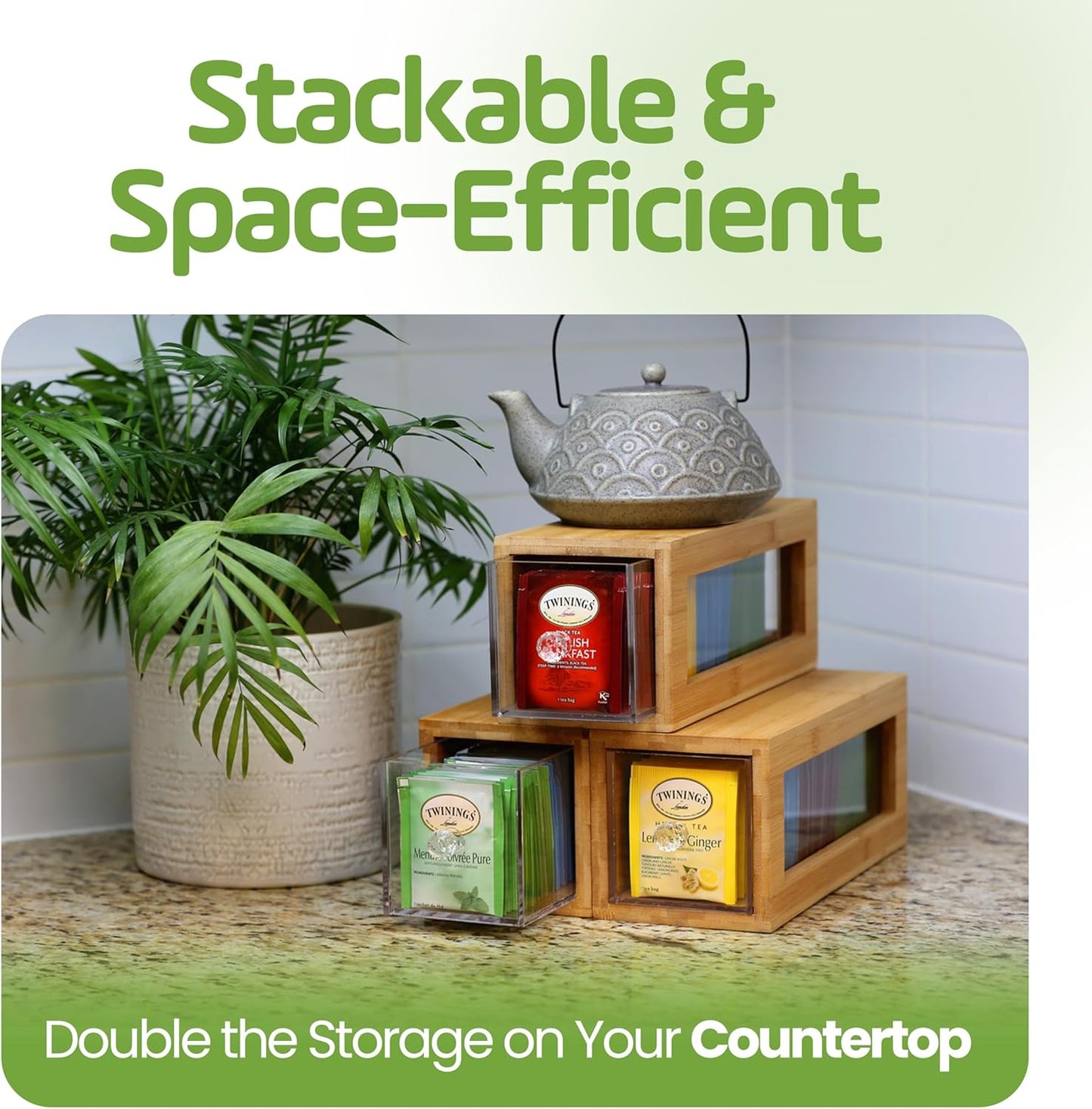 Bamboo and Acrylic Drawer Tea Bag Holder- Durable & Elegant Tea Bag Storage Holder for Kitchen Countertop, Space-Saving Tea Drawer Organizer