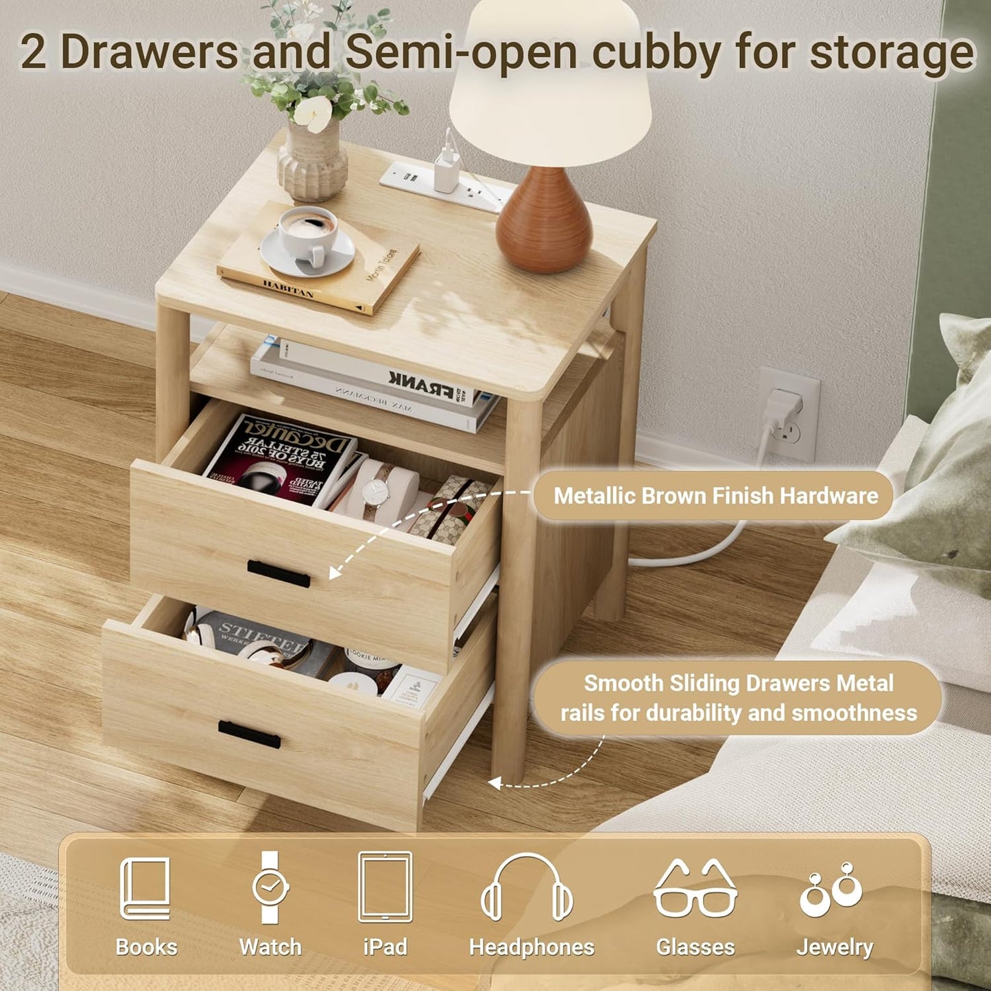 Night Stand with Charging Station, 20" Large Modern Side Table with Solid Round Post Legs, 2 Drawers End Table with Open Shelf, Nightstand with Storage for Bedroom, Natural Oak