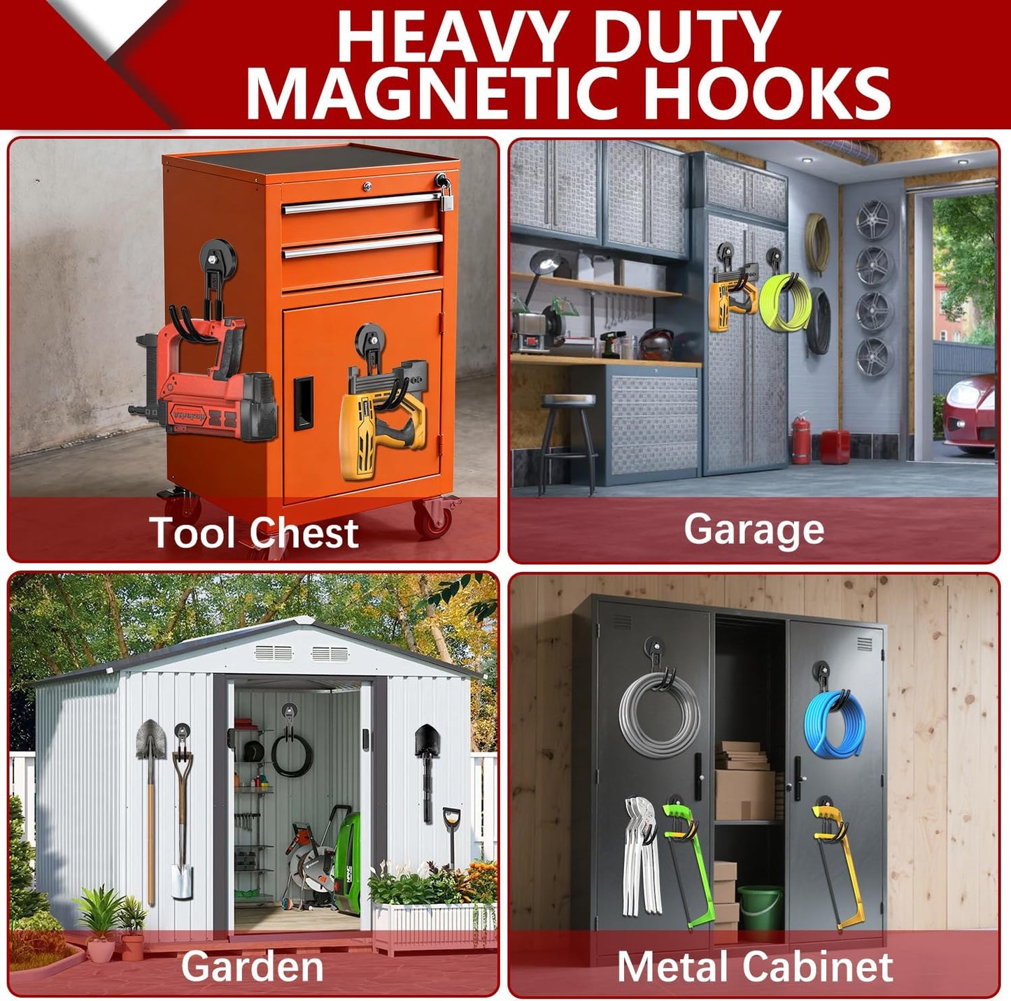 3-H Heavy Duty Magnet Garage Hooks 4 Pack, J Shape Strong Magnetic Hooks for Hanging Cordless Power Drill, Utility Magnetic Tool Holder for Metal Cabinet, Steel Pegboard, Toolbox, Garage(Black)