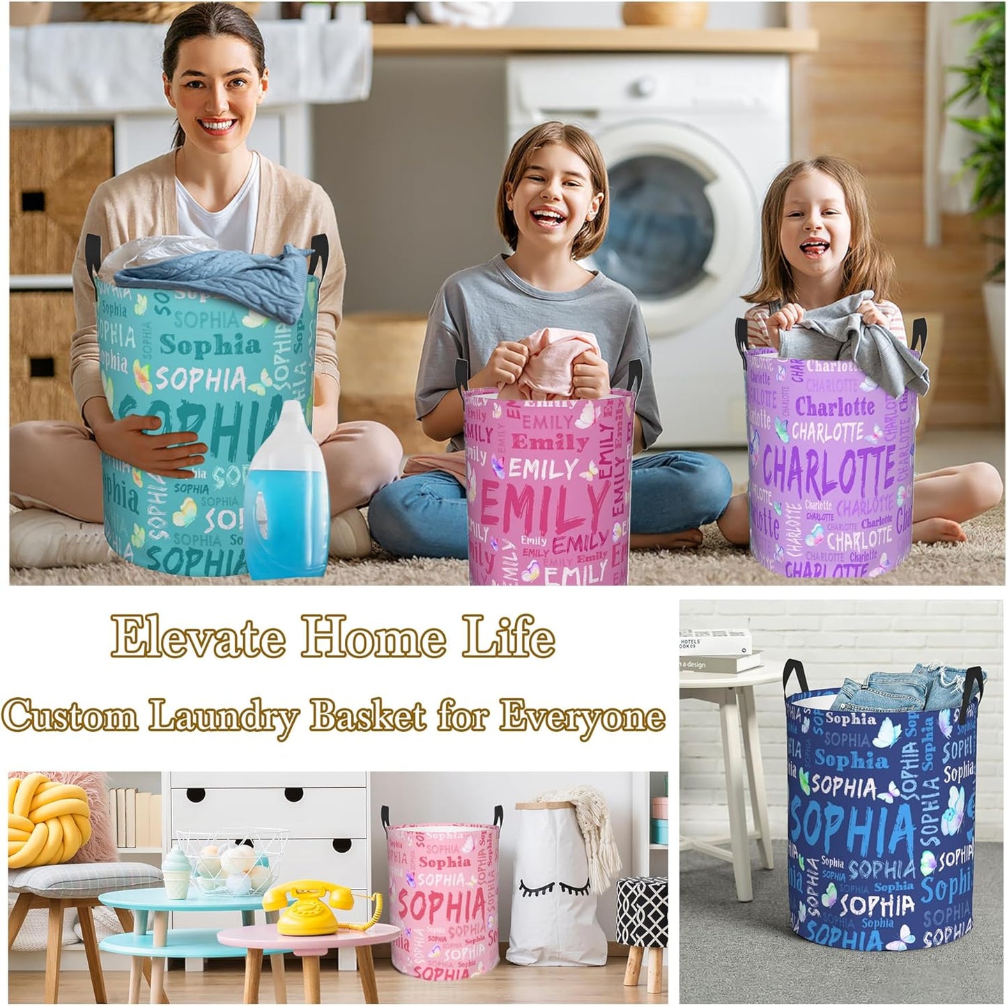 Custom Name Laundry Hamper, Personalized Laundry Basket with Name for Laundry Room Dorm Bedroom, Customized Name Dirty Clothes Hamper with Handles for Clothes Toy Boys Girls Men Women
