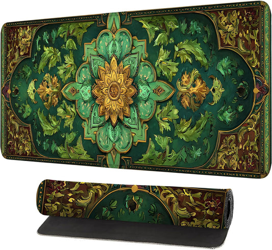 Green Vintage Floral Mouse Pad – Large Extended Desk Mat 31.5 x 11.8 in– Ornate Oriental Carpet Design with Gold & Emerald Motif, Keyboard & Mouse Pad for Office & Home
