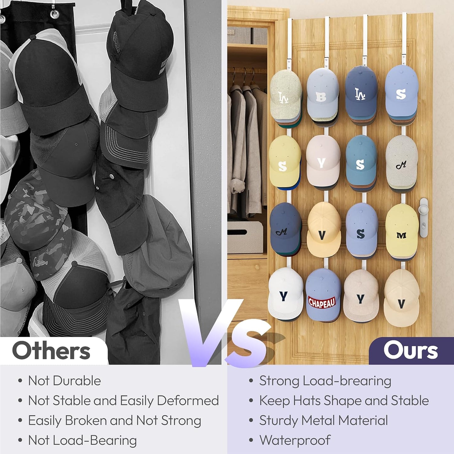 SWTYMIKI Over Door Hat Organizer - 4 Packs Metal Hanging Hat Rack with 16 Hooks Design, Baseball Cap Hanger Organizer Storage Holds up to 80 Caps for Door, Bedroom, Closet