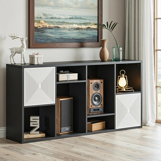 Wooden 8 Cube Storage Organizer, Cubby Storage Organizer with Doors, Multipurpose Cubbies Organizer with Adjustable Shelves, Display Storage Cabinet with Closed Back for Living & Office, Black