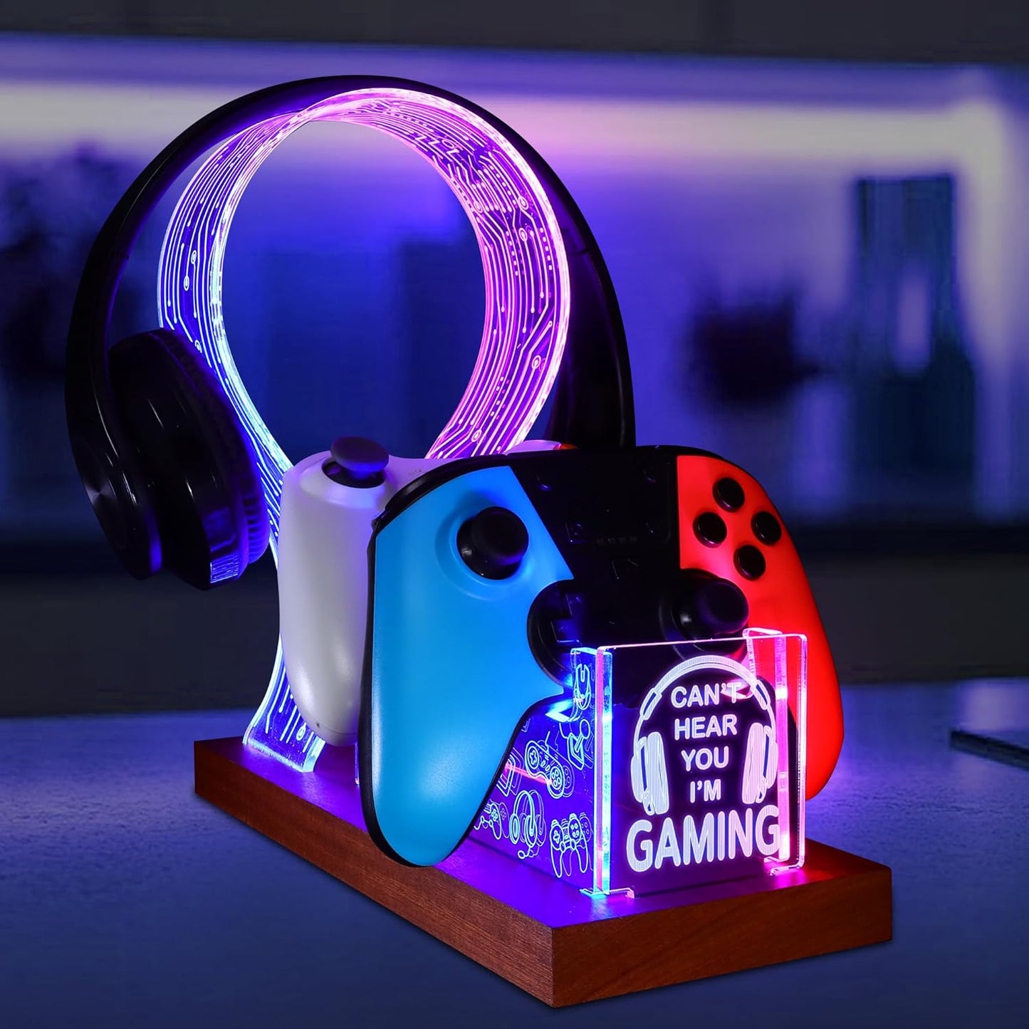 YuanDian Gamer Gifts for Teenage Boy, Can't Hear You I'm Gaming Headset and Controller Stand, Acrylic Wooden Controller Holder with Blue Pink LED Night Light, Desk Decor Gift