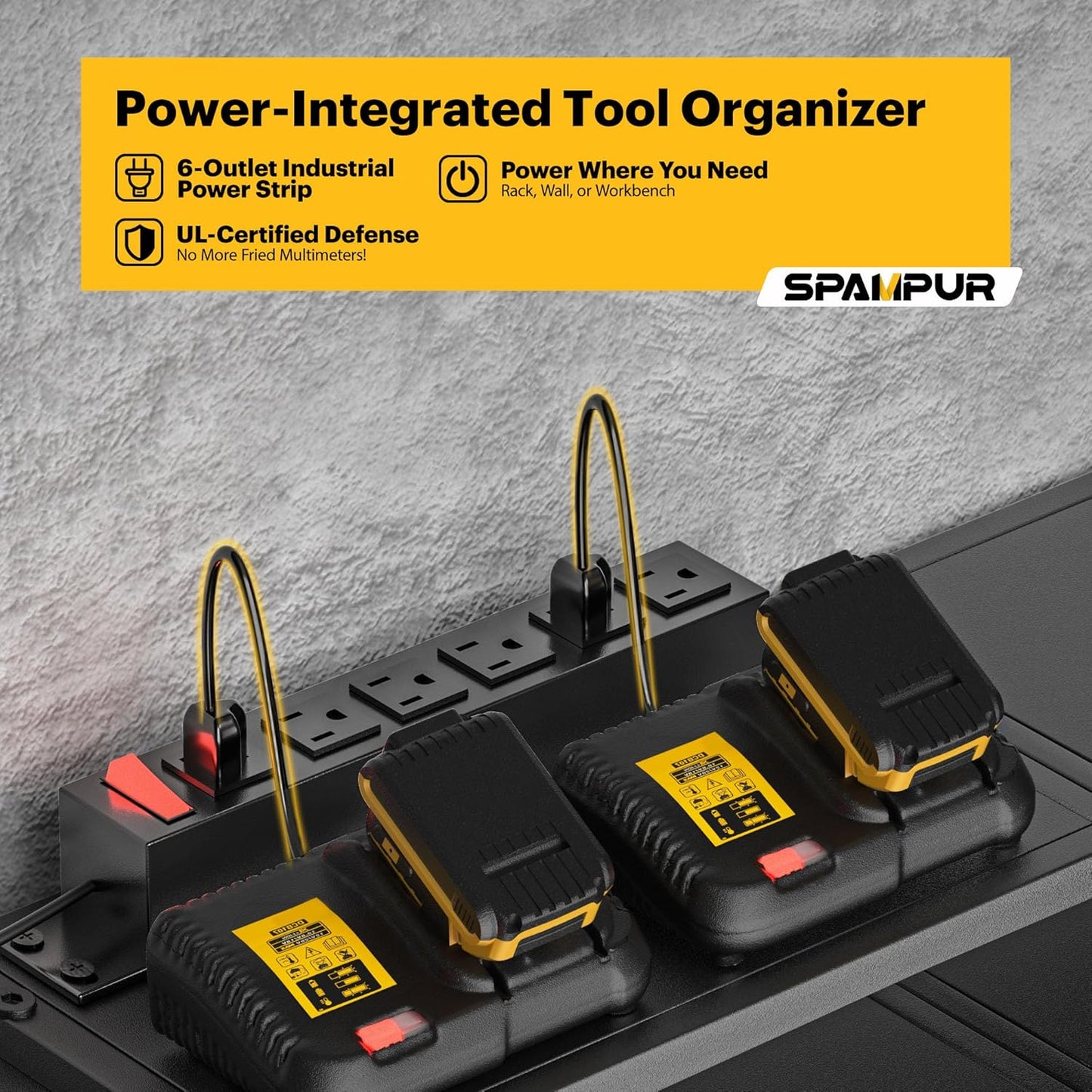 Heavy Duty 4-Tier Power Tool Organizer Wall Mount Rack, Quick Assembly Tool Wall Organizer with 8 Drill Holders & Charging Station, for Garage Workshop Shed Organization - 4 Shelves 8 Slots