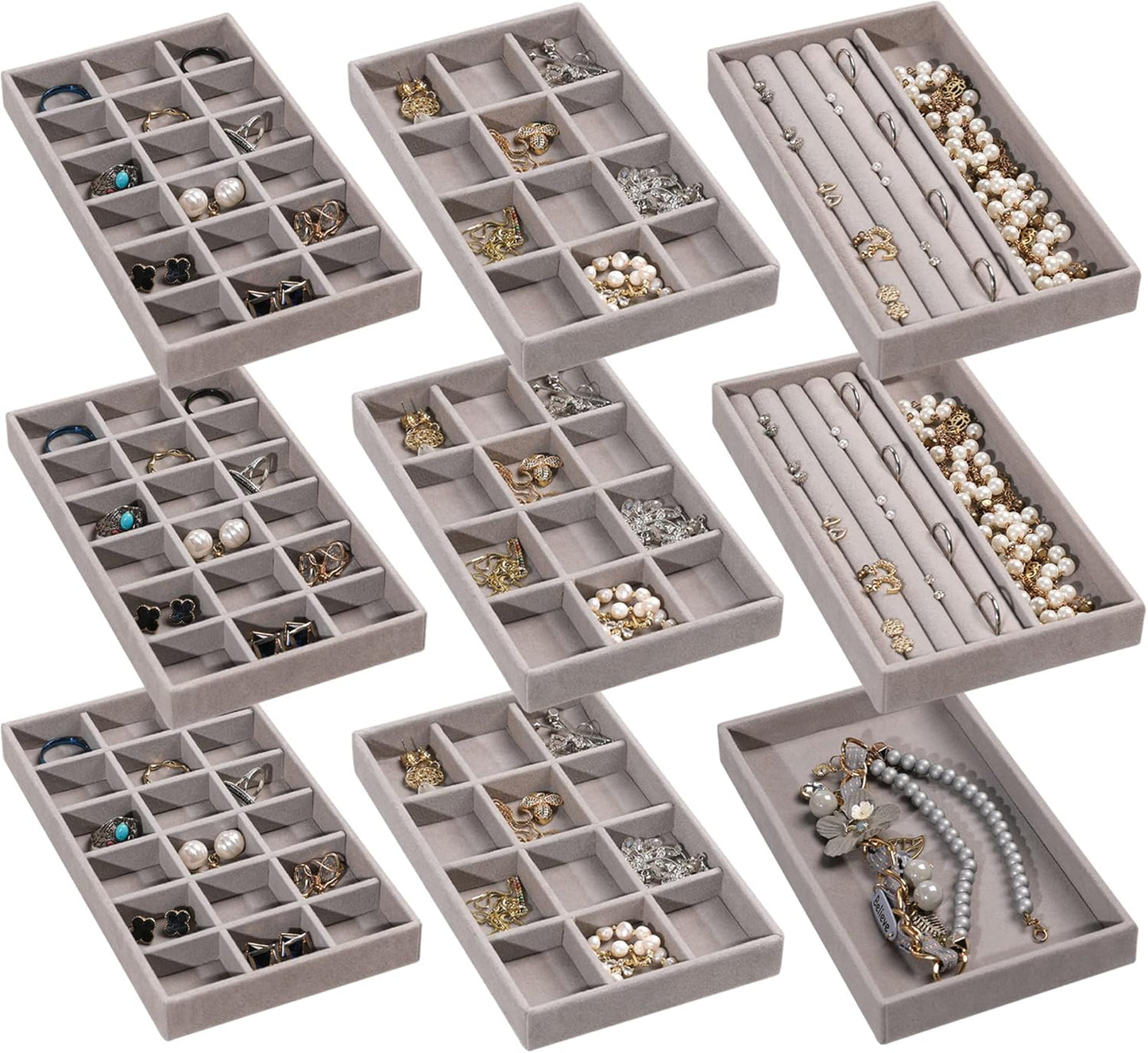 Frebeauty Jewelry Organizer Tray,Stackable Velvet Jewelry Trays,Drawer Inserts Earring Organizer For Women Jewelry Storage Display Case for Rings Stud Necklaces,Set of 9(Grey)