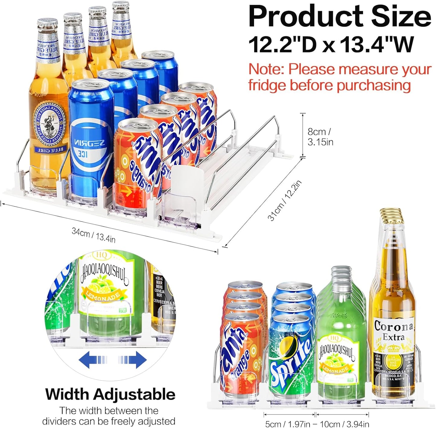 Drink Organizer for Mini Fridge, Automatic Pusher Drink Dispenser for Refrigerator, Soda Can Organizer for Beer Beverage, Holds up to 16 Cans 4Row (Depth12.2 xWide13.4)